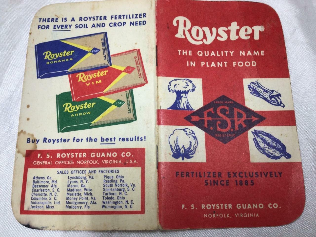 Vintage 1961-1962 F.S. Royster Guano CO. Fertilizer note pad