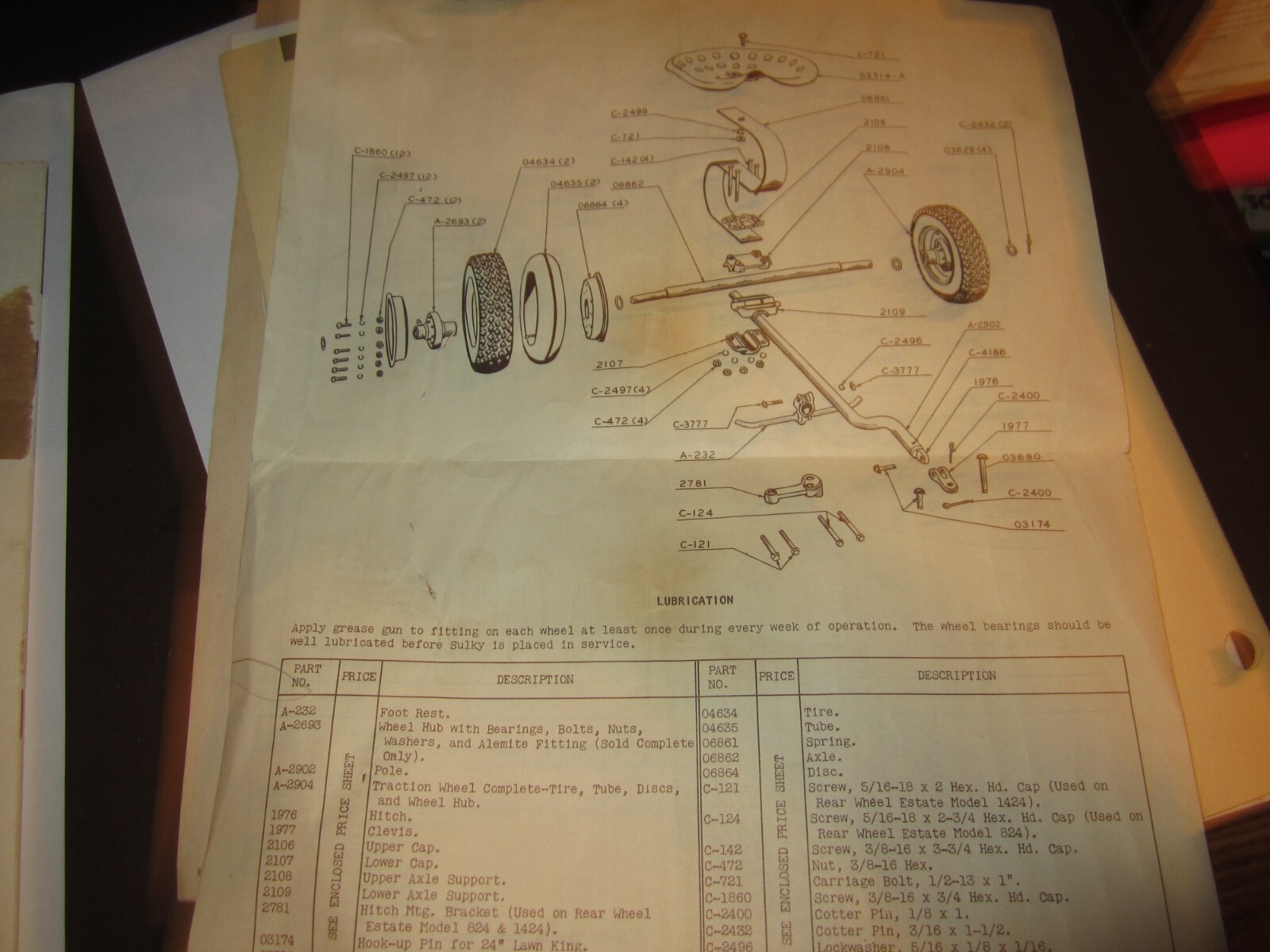 1946 Jacobsen Lawn KING MOWERS Riding Sulky Attachment BROUCHERE MANUAL