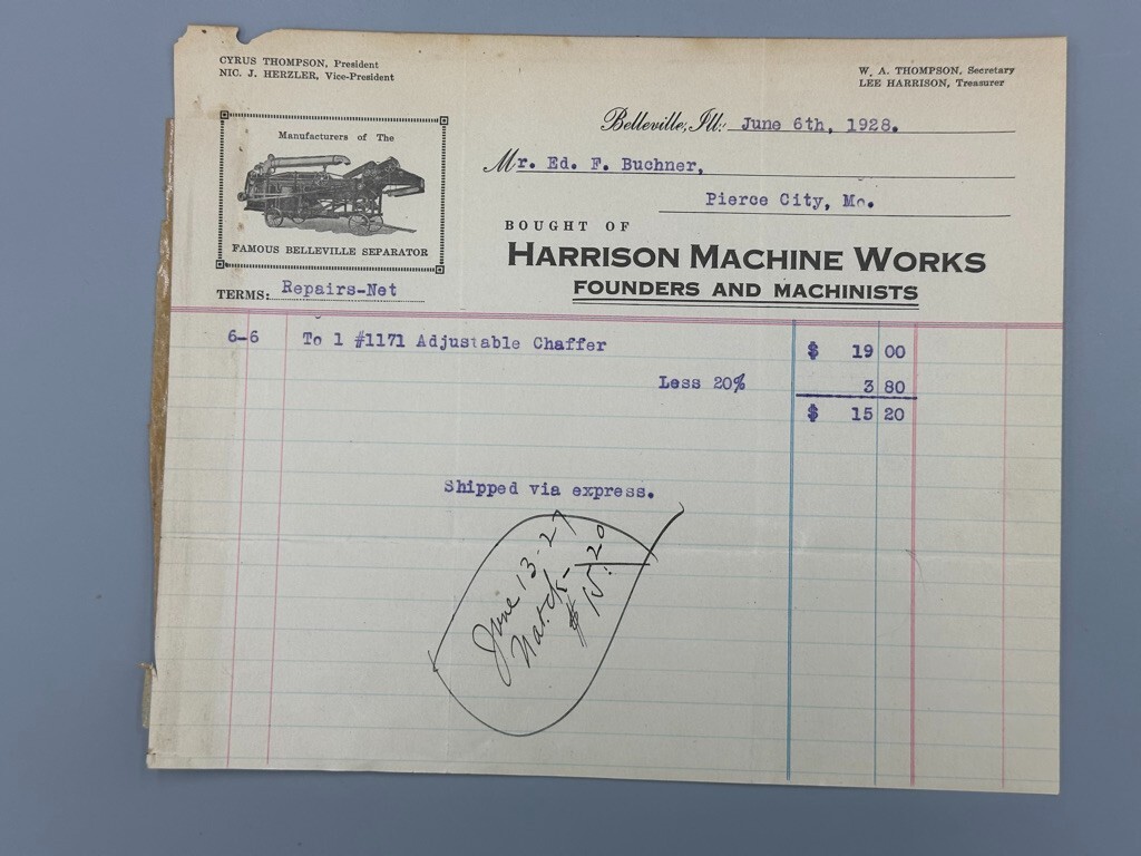 1928 BELLEVILLE THRESHER Harrison Machine Works Billhead FARM Advertising ILL
