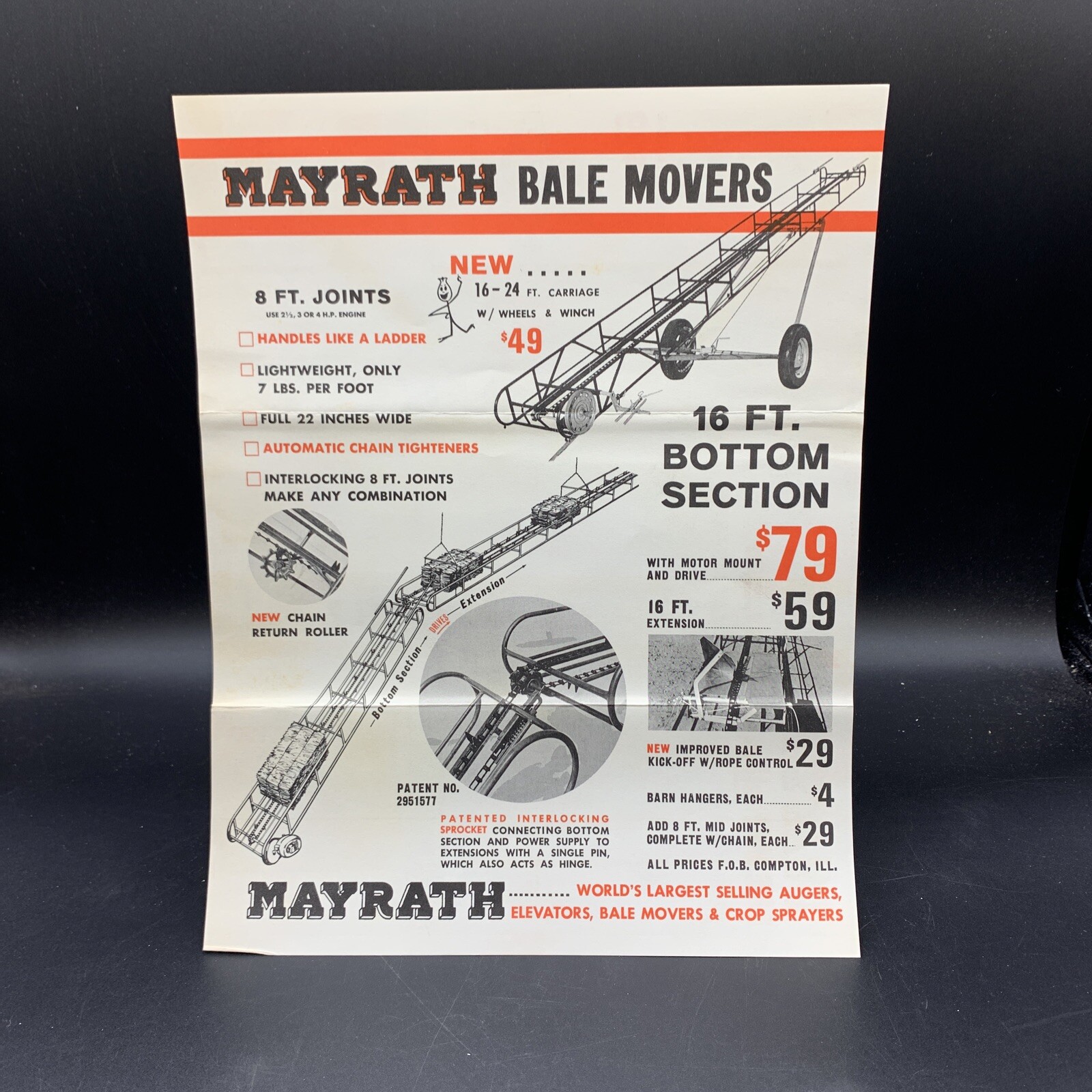 1962 Mayrath Bale Movers-Augers-Elevators Sales Brochure/Price List/Envelope