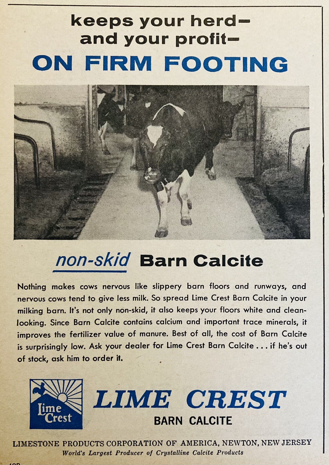 1961 AD.(XH76)~LIMESTONE CO. OF AMERICA, NEWTON, NJ. NON-SKID BARN CALCITE