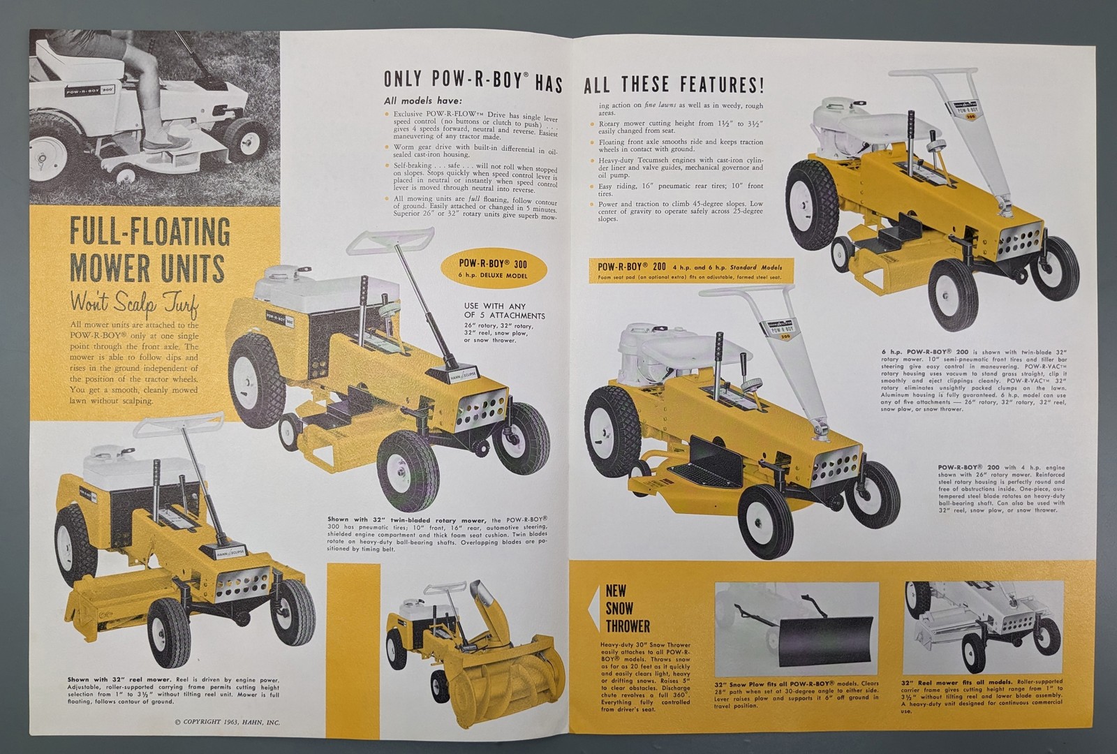 Hahn Eclipse Lawn Tractor + Mower Brochure/Ads, 1964 POW-R-BOY POW-R-PRO
