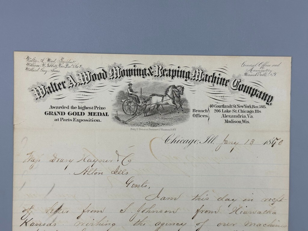 1870 Walter A Wood MOWING & REAPING MACHINE Co Farm Advertising Letter Antique