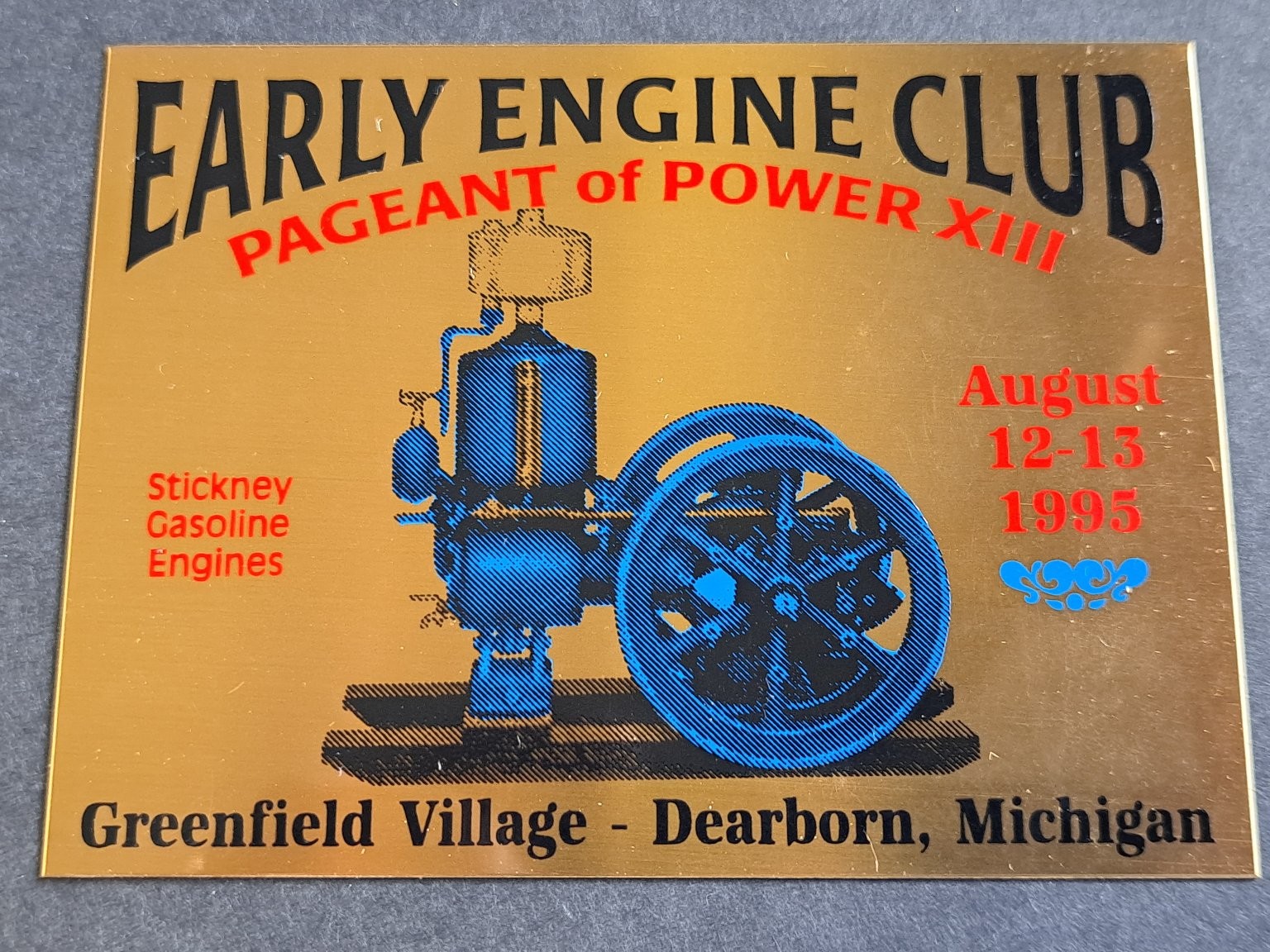 Early Engine Club Commemorative Plaque Stickney Gasoline Engine 1995 Gold Tone