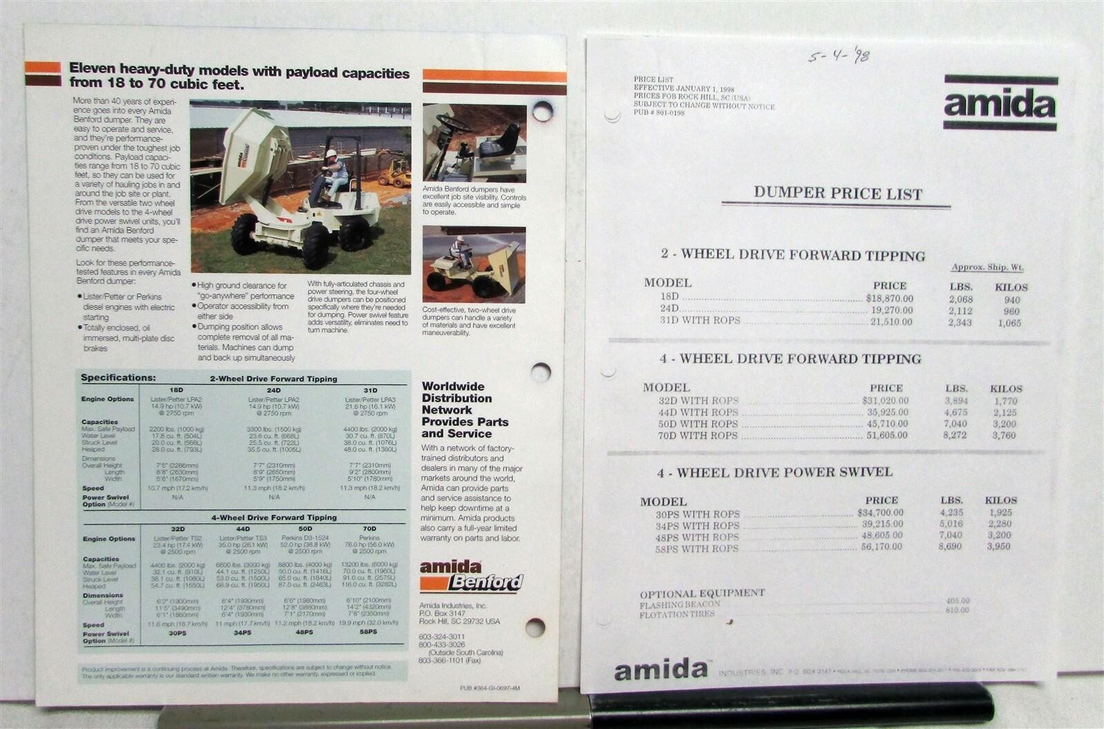 1998 Amida Benford Dumper Specifications Price List Sales Data Sheet