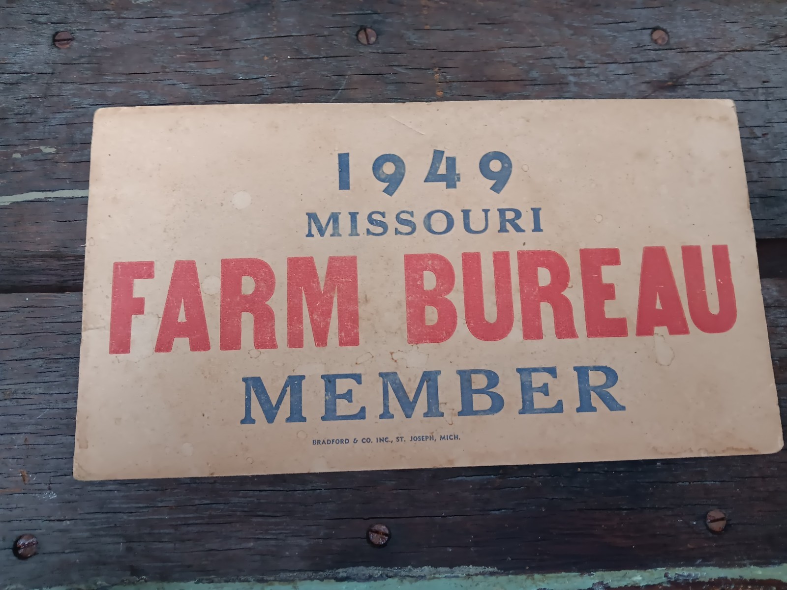 Vintage Missouri Farm Bureau Member Sign Placard 1949