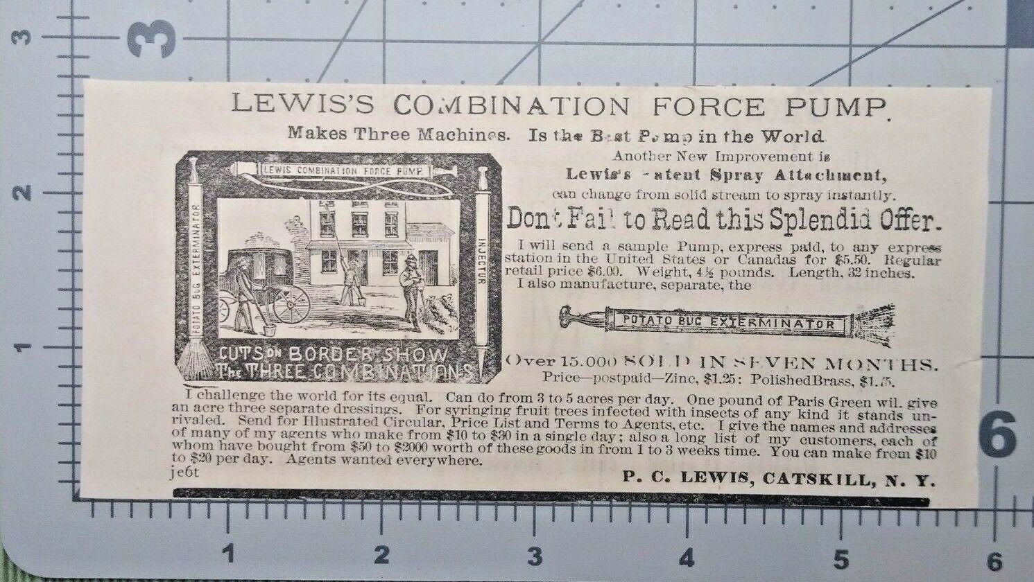 Catskill New York Vintage Print Ad P.C. LEWIS&rsquo;S COMBINATION FORCE PUMP 1881