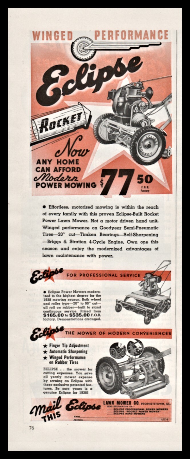 1939 ECLIPSE Rocket Power Lawn Mower Vintage Print AD w/ Push & Professional