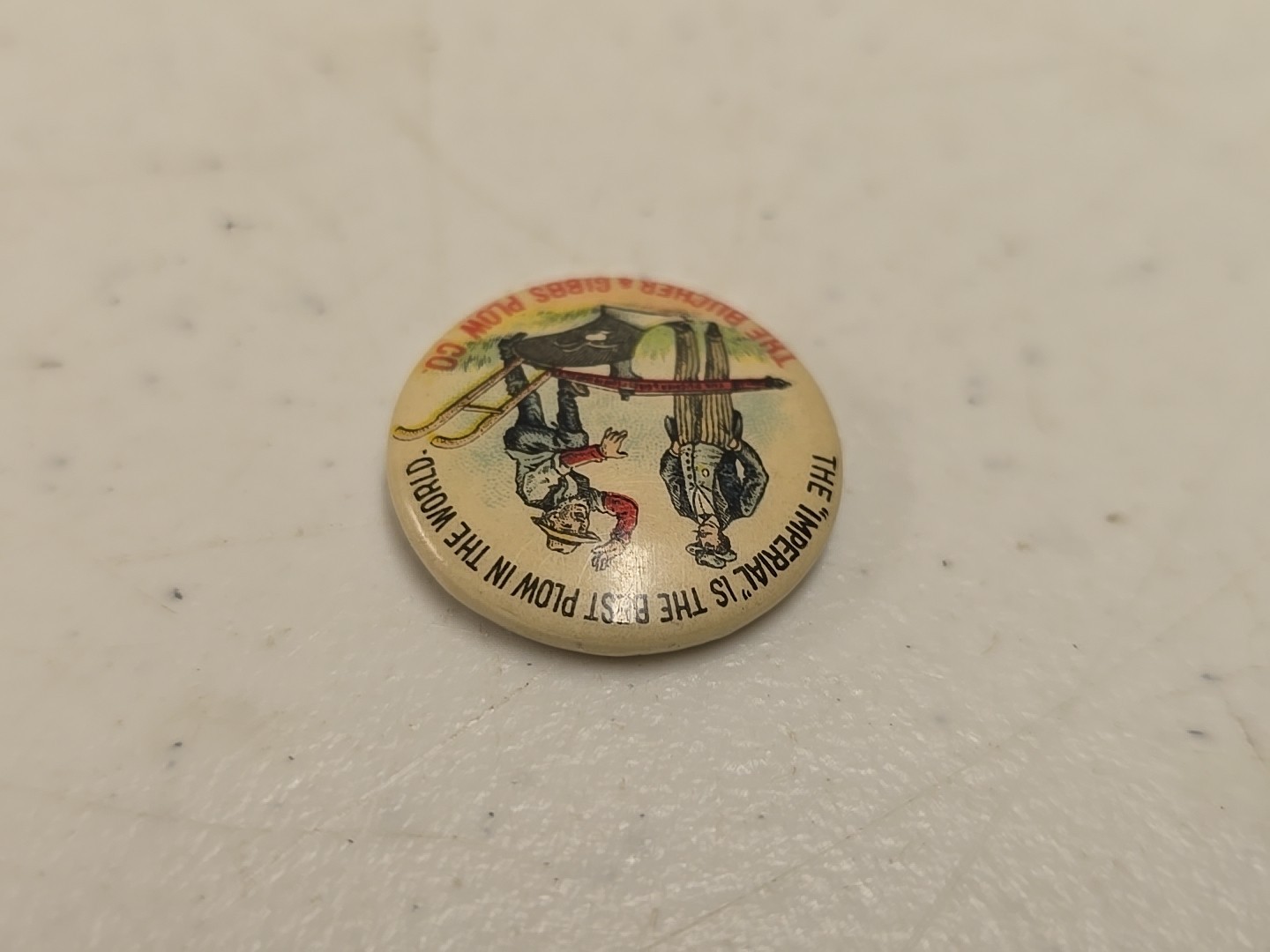Antique 7/8&Prime; Bucher & Gibbs Imperial Plow Advertising Celluloid Pinback