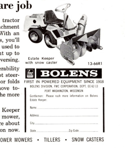 1966 Bolens Estate Keeper Riding Mower, Port Washington WI Print Ad 6.5&Prime; x 10&Prime;
