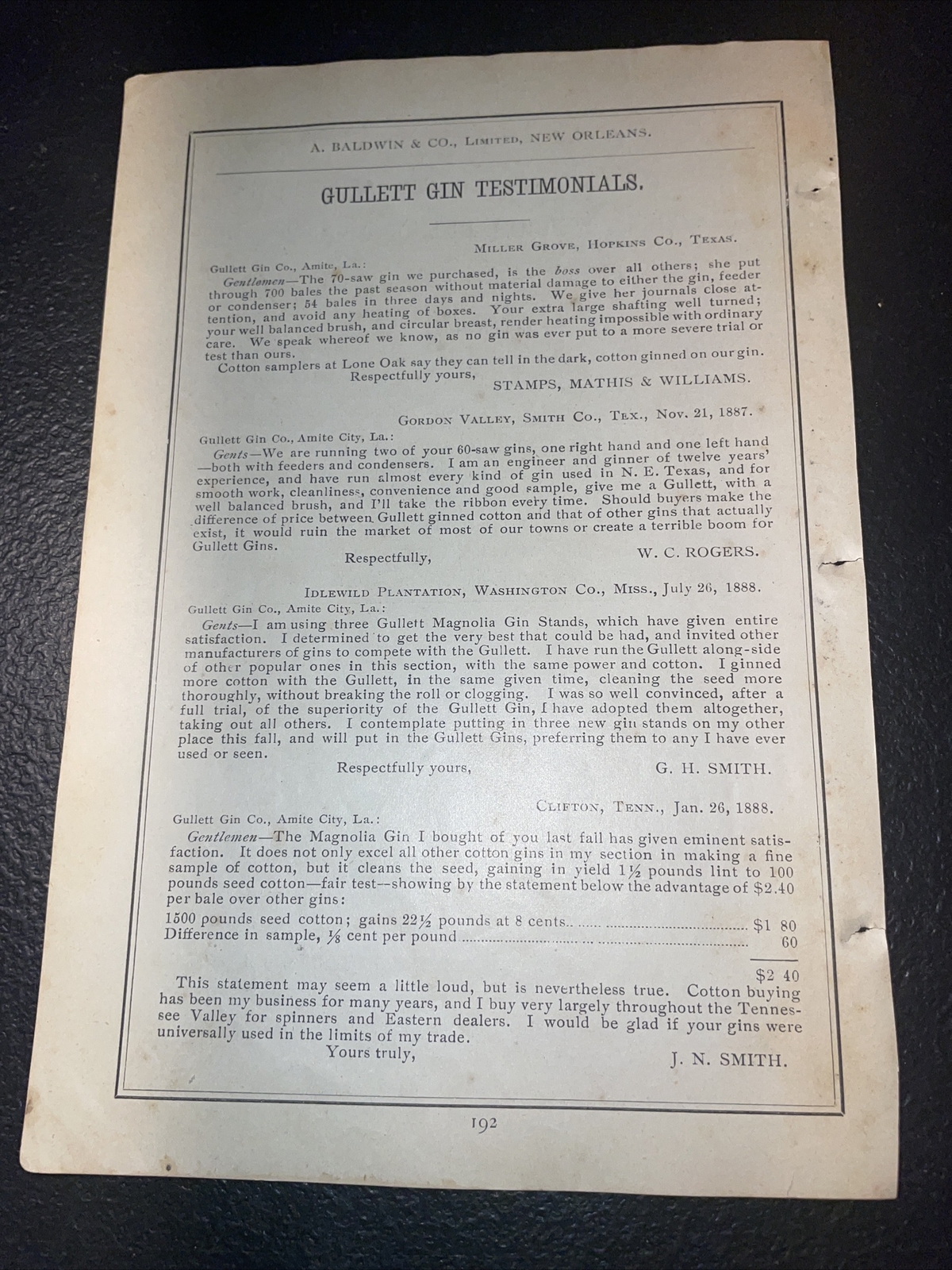1891 Baldwin – Gullett Gin Testimonials – Farm Advertising- Amite – Louisiana