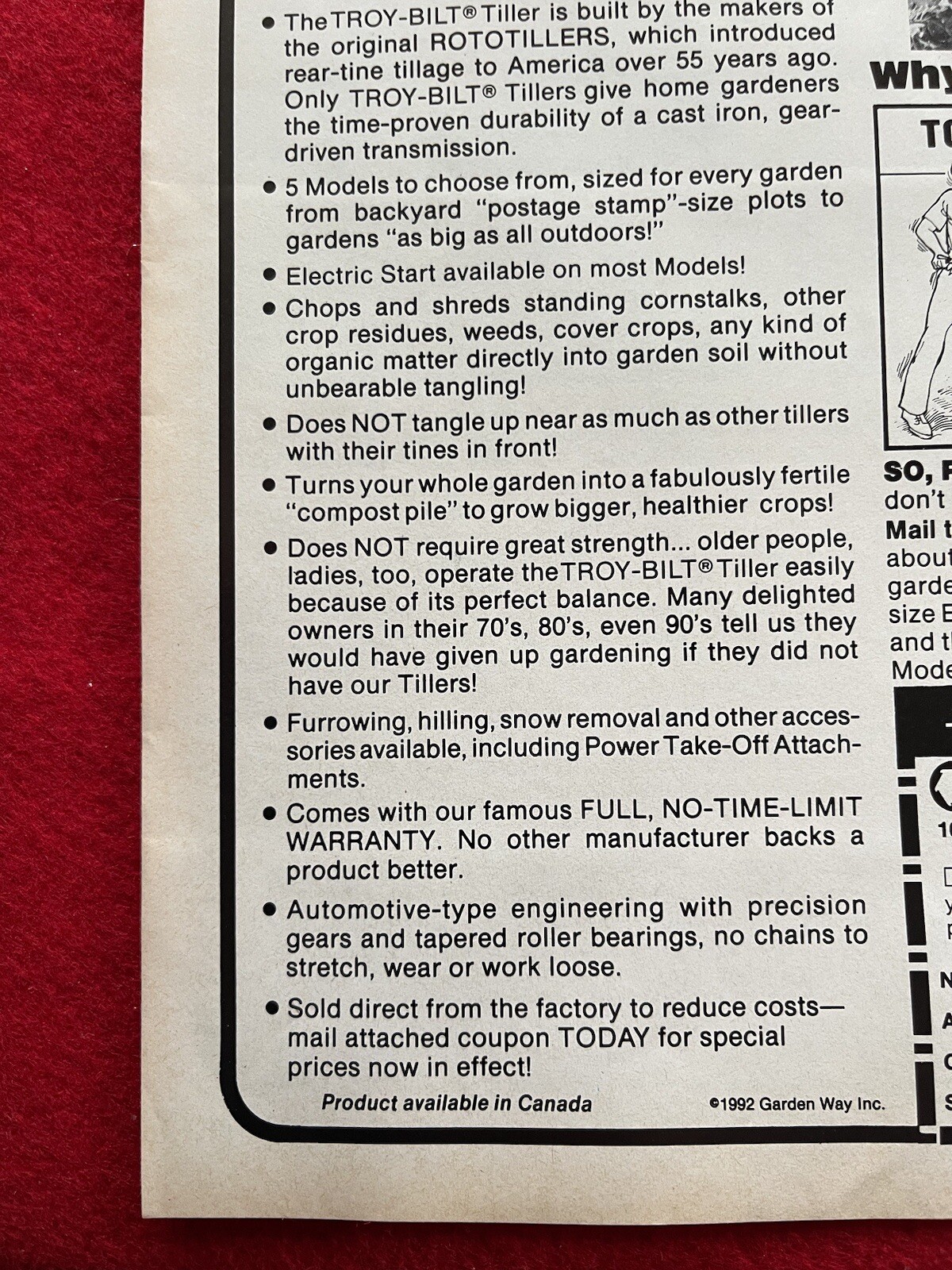 Vintage 1992 Troy Bilt Roto Tiller Print Ad “Just One Hand”