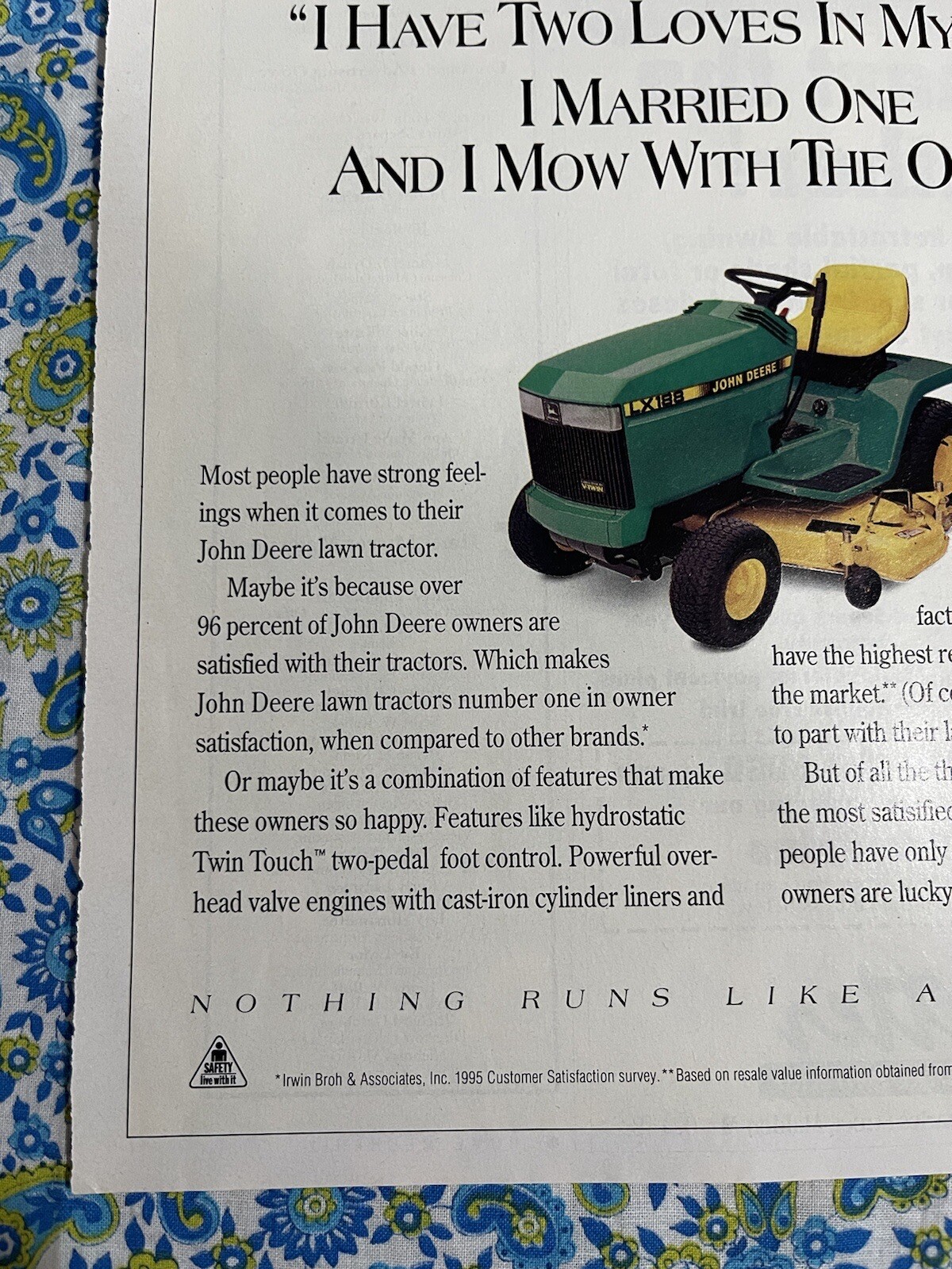 Vintage 90’s John Deere Garden Tractor Print Ad Two Loves In My Life