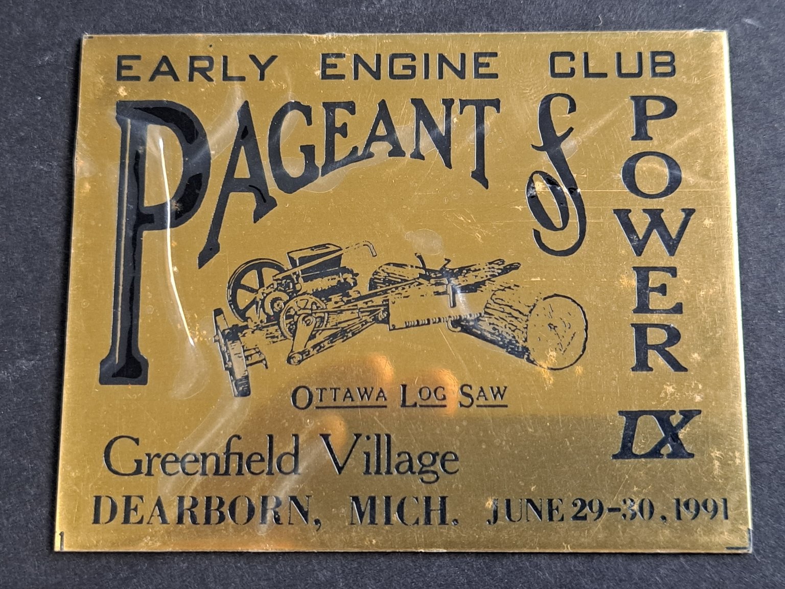 Early Engine Club Ottawa Log Saw Pageant & Power Gold Foil Decal 1991