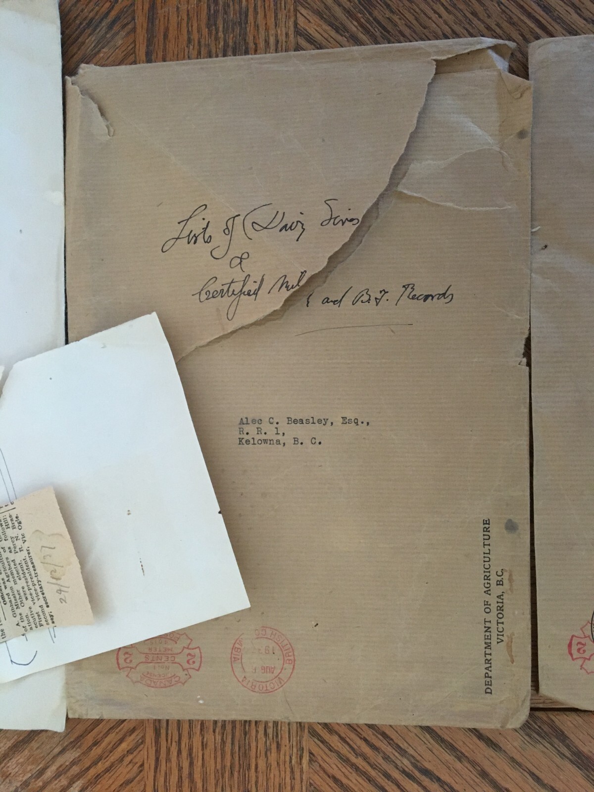 Dept Agriculture Envelopes Receipt 1937 Victoria Canada Kelowna BC Cattle Farm