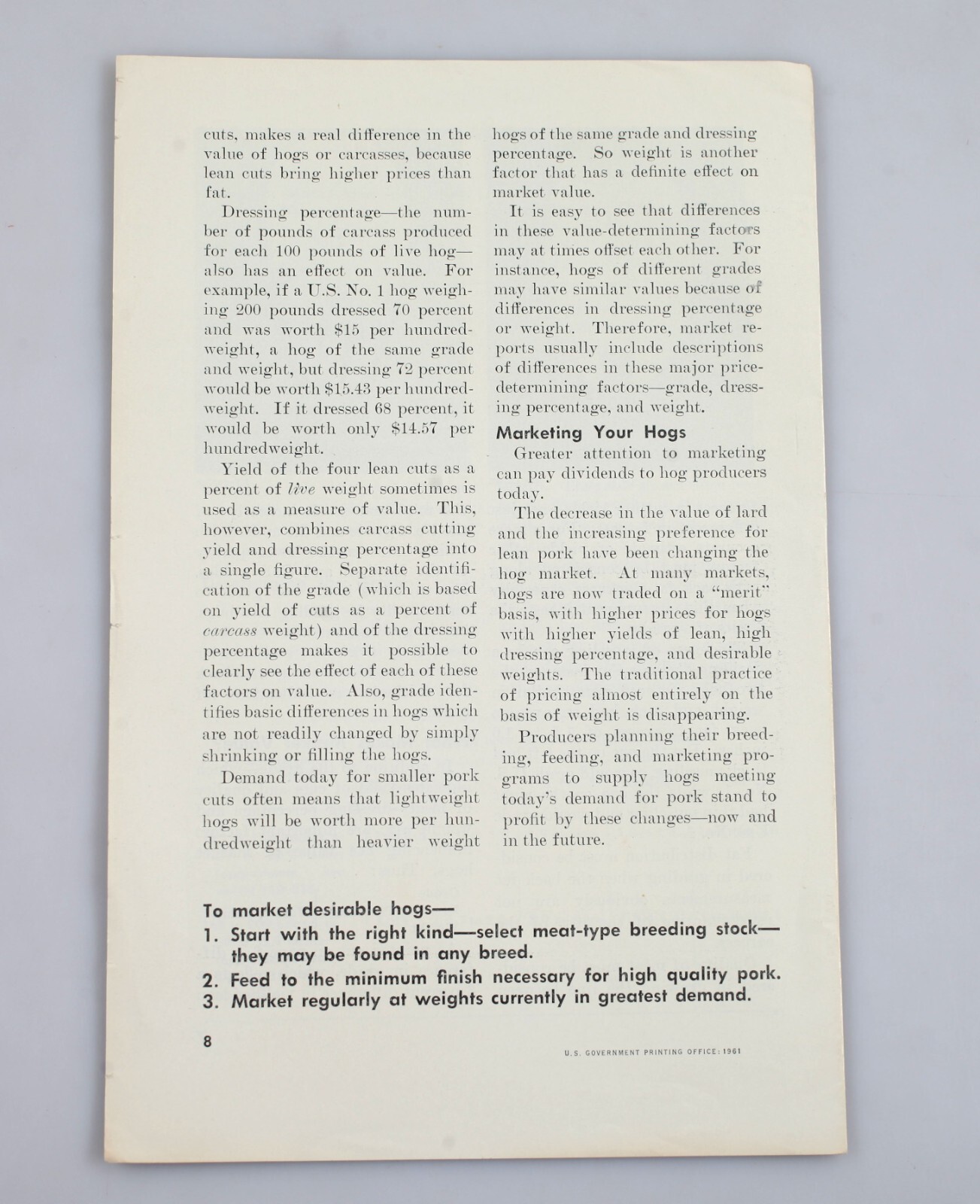 Vintage How Do Your Hogs Grade? USDA Marketing Bulletin No. 16 Booklet