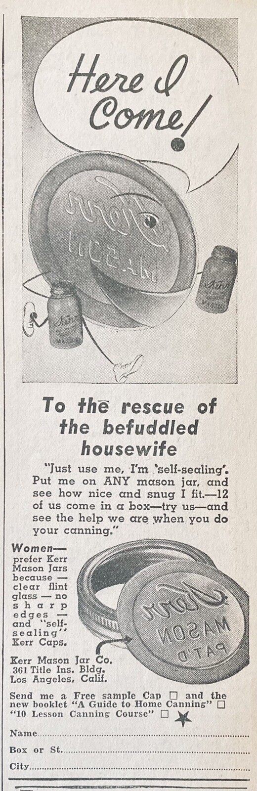 1938 AD.(XG18)~KERR MASON JAR CO. “SELF-SEALING” MASON JAR CAPS