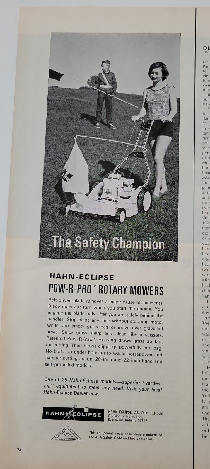 1968 Eclipse lawn mower woman mowing safety patrol boy vintage ad