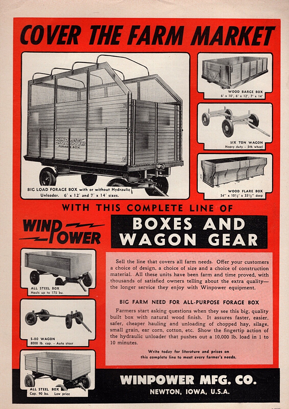 1952 Winpower Forage Box Six Ton Wagon Tractor Implement Original Print Ad