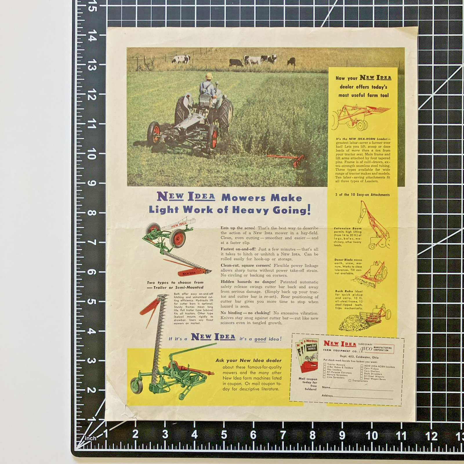 New Idea Mower Attachment Avco Manufacturing Corporation Vintage Print Ad 1952