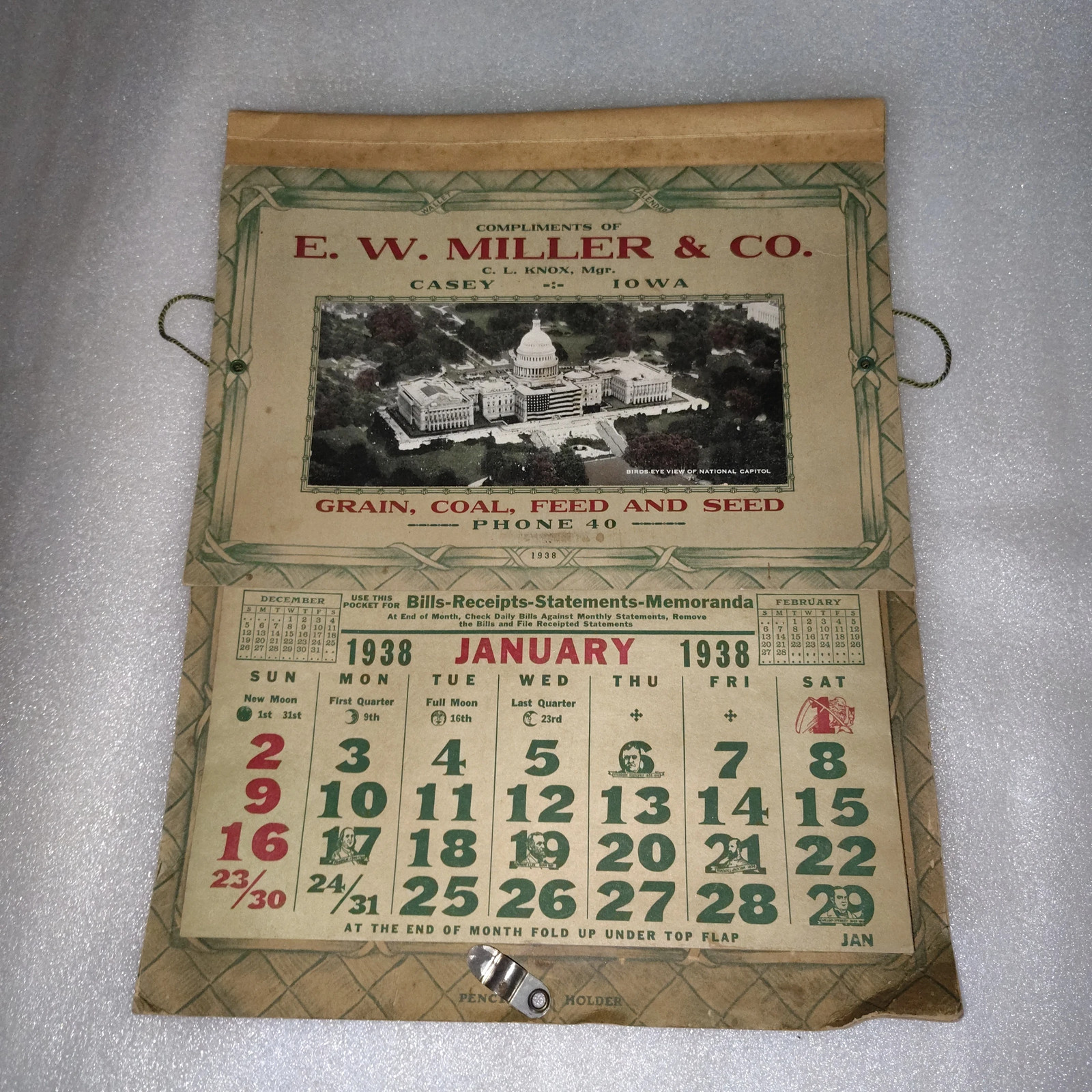 1938 E. W. Miller & Co. Casey Iowa Grain Coal Feed Seed Agricultural Calendar Ad