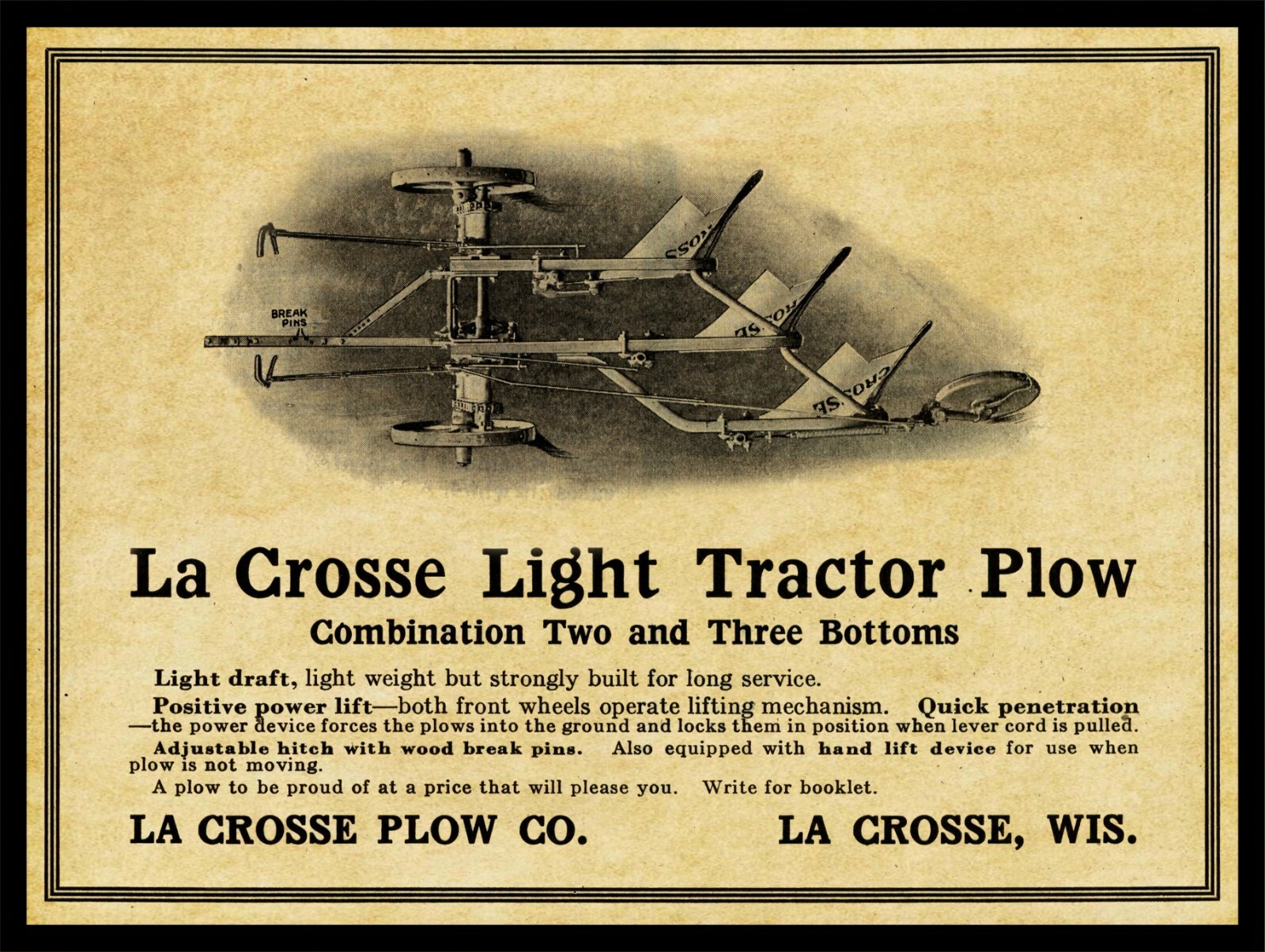 1917 LaCrosse Plow Co. of LaCrosse, Wisconsin NEW Metal Sign: 12×16 Large Size