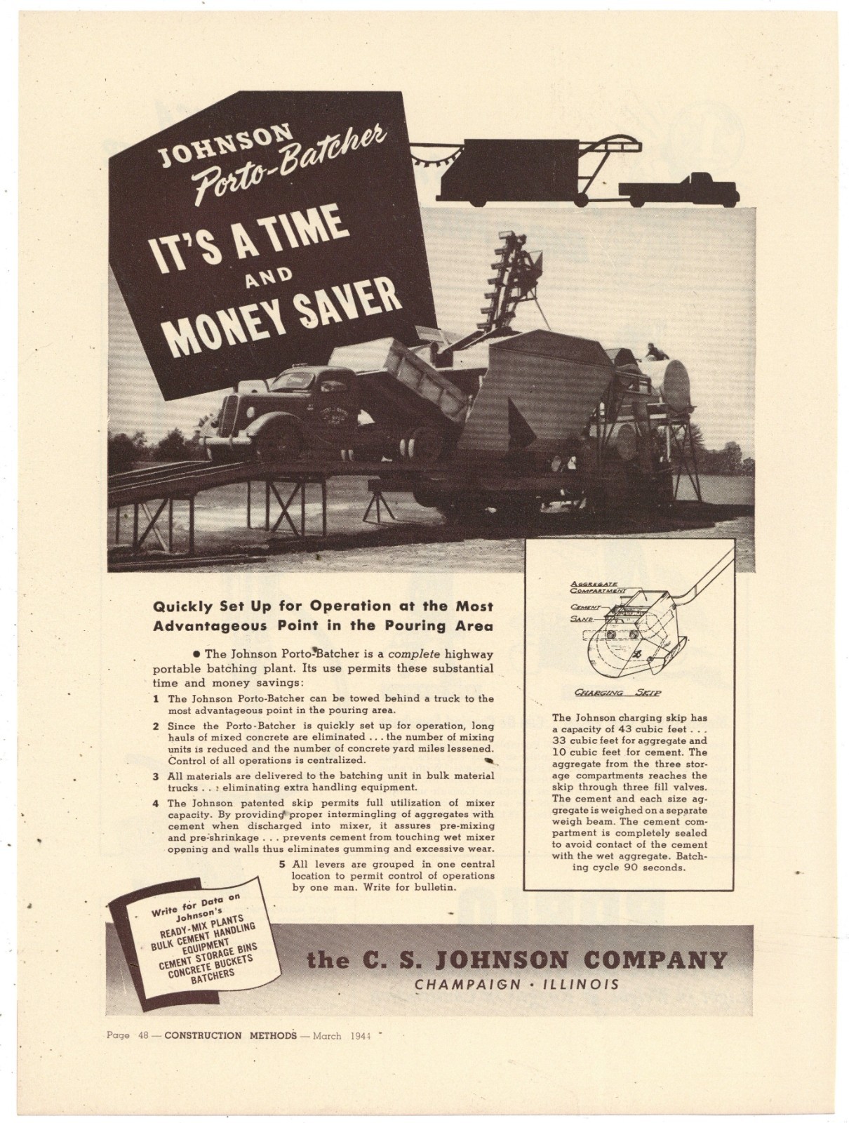 1944 C.S. Johnson Co. of Champaign Illinois Ad: Porto Batcher for Road Building