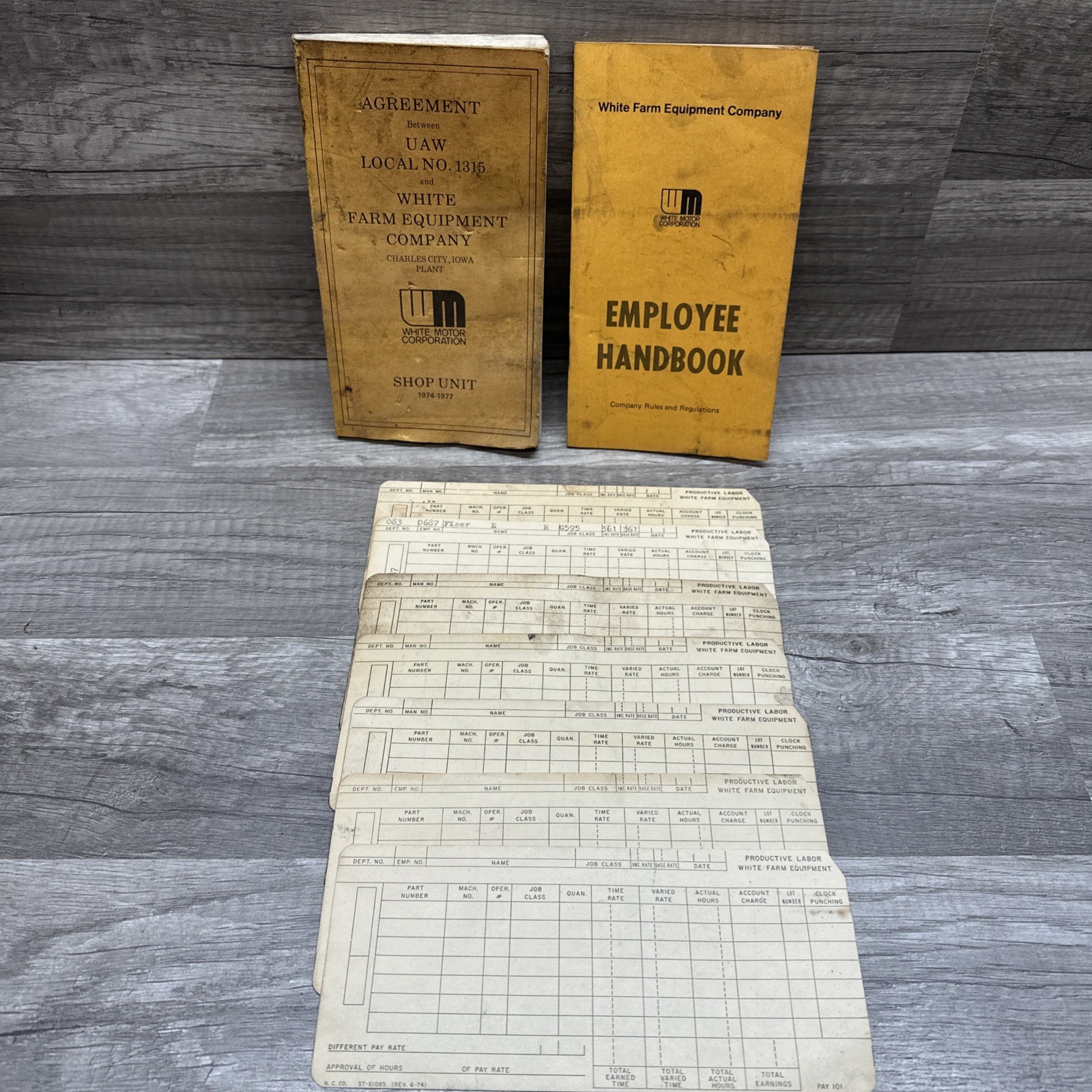 White Farm Equipment Co. Charles City, Iowa Employee Time Cards, Handbook Union
