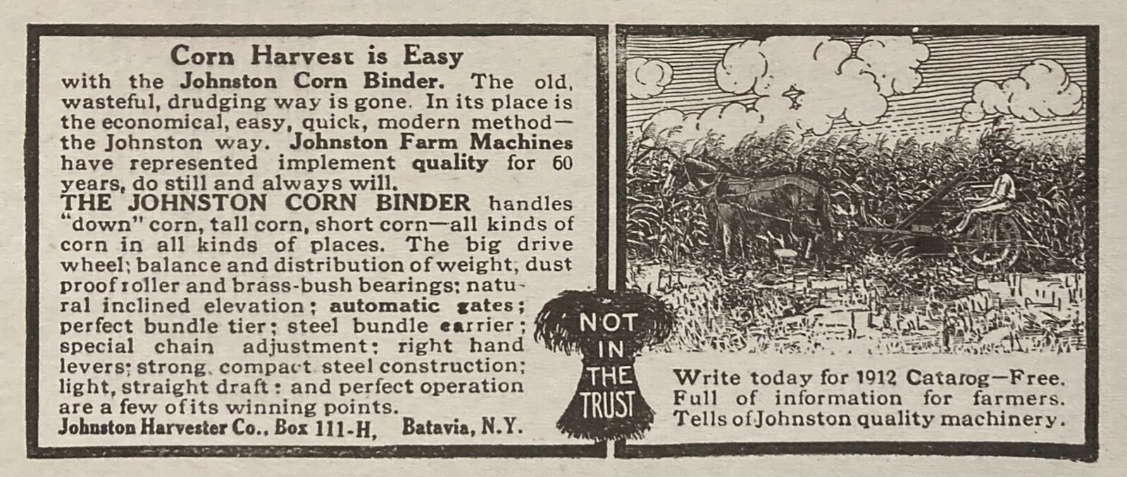 1912 AD(XH26)~JOHNSTON HARVESTER CO. BATAVIA, NY. JOHNSTON CORN BINDER