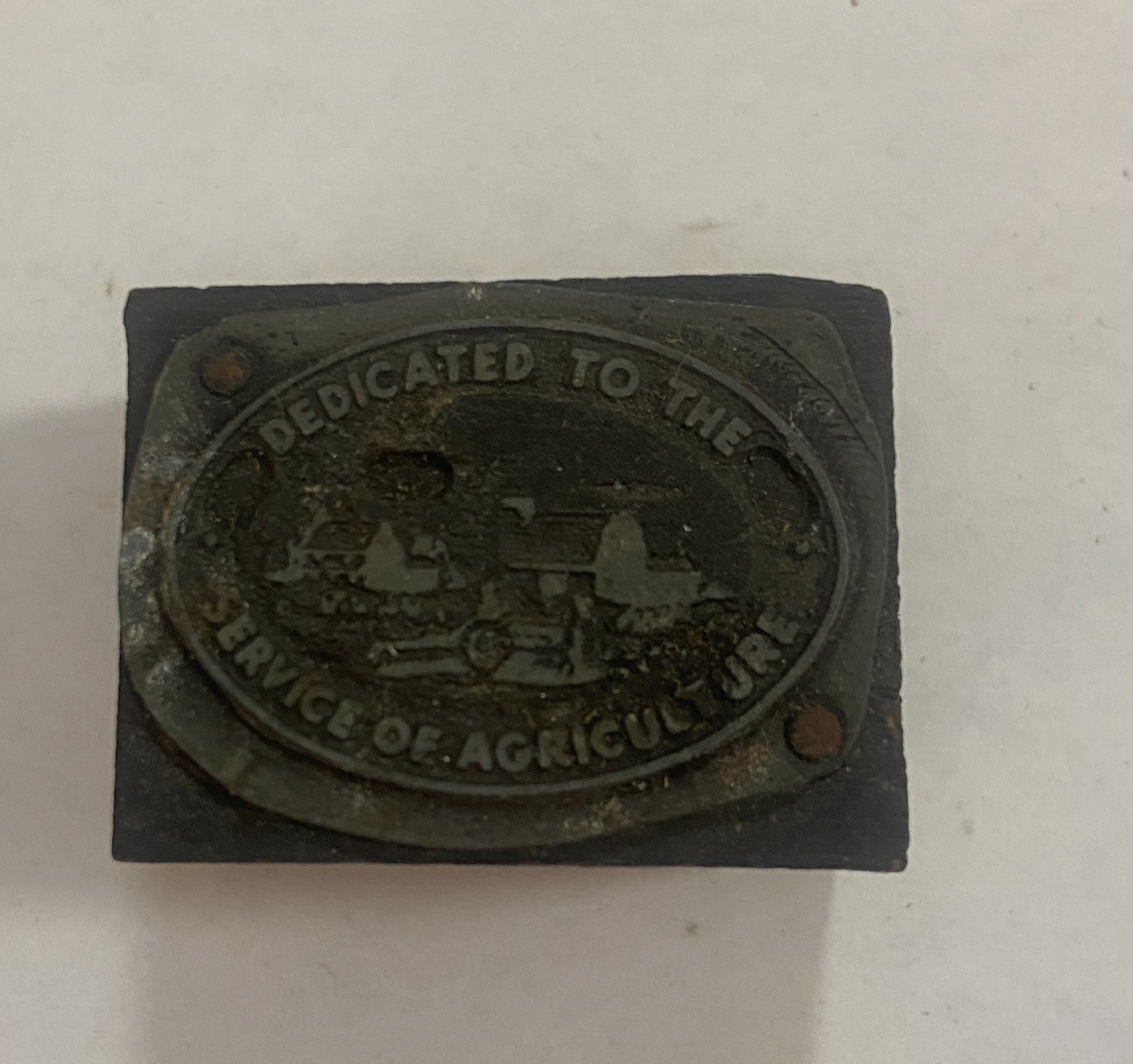 Vtg Printing Letterpress Printers Block Wood Metal DEDICATED SERVICE AGRICULTURE