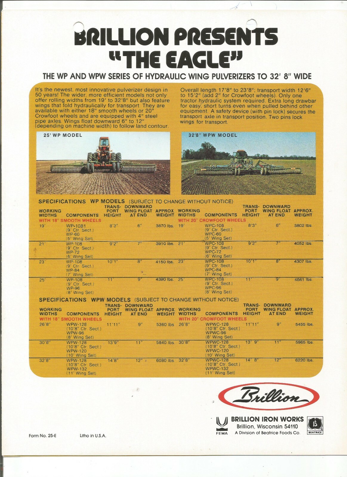 Original Brillion WP WPW Series Rigid & Trailing Pulverizers Sales Brochure 25E
