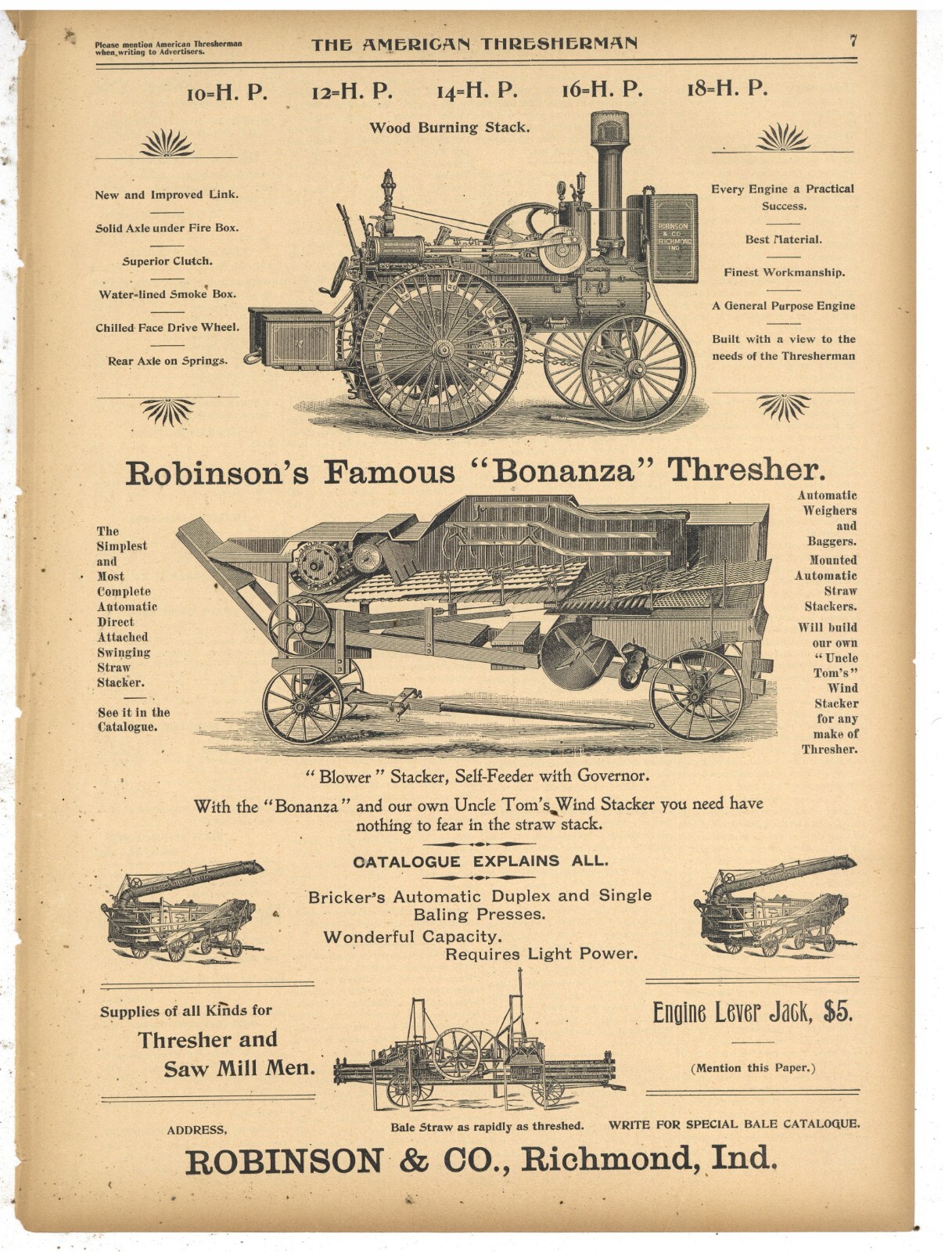 1898 Robinson & Co. Ad: Wood Burning Stack – Steam Engine, Bonanza Thresher