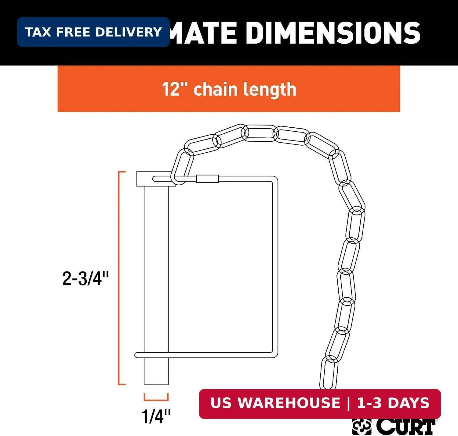 CURT 25013 Trailer Coupler Pin with 12-Inch Chain, 1/4-Inch Diameter x 2-3/4-Inc
