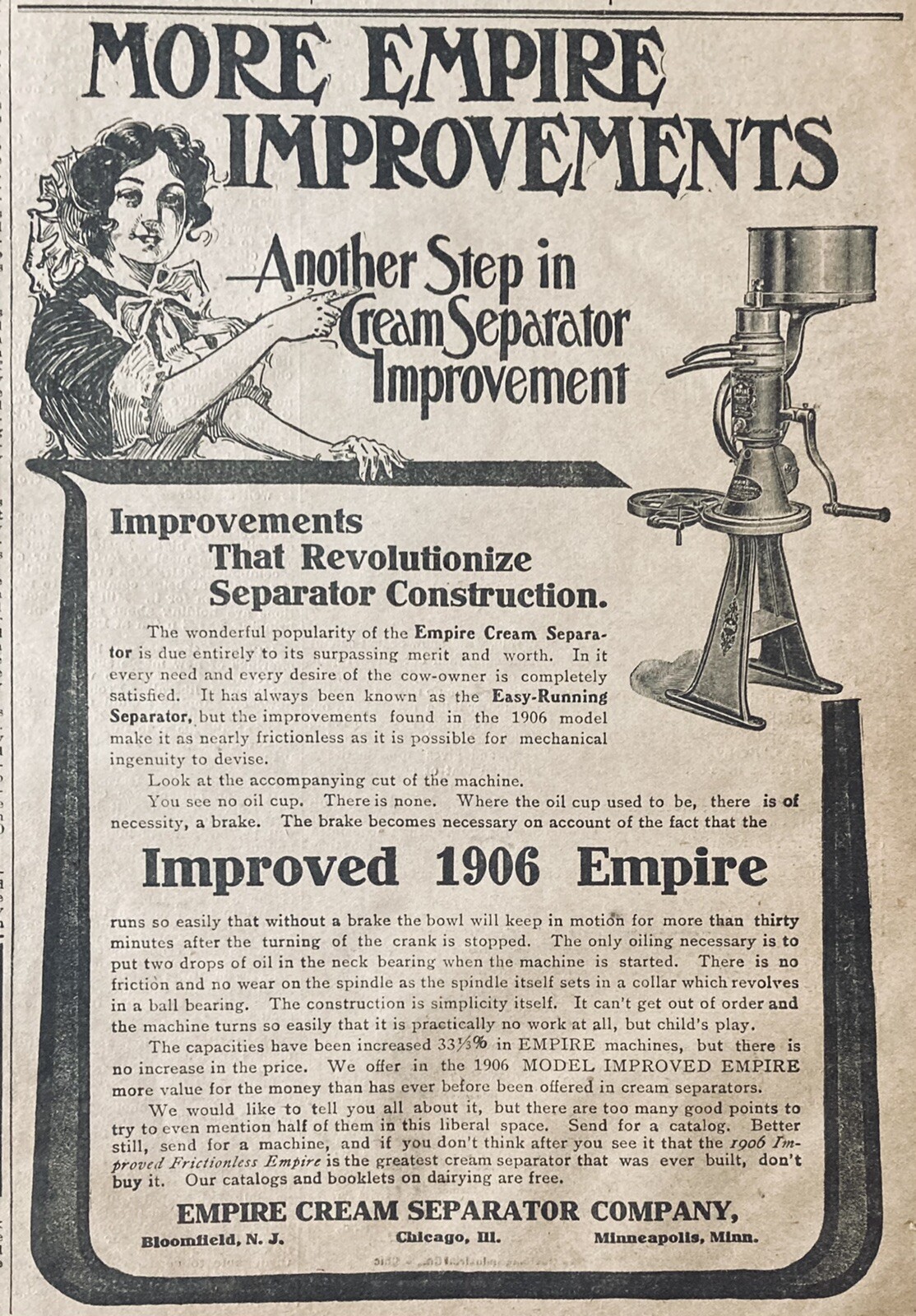 1906 AD.(XH35)~EMPIRE CREAM SEPARATOR CO. BLOOMFIELD, NJ. IMPROVED 1906 EMPIRE