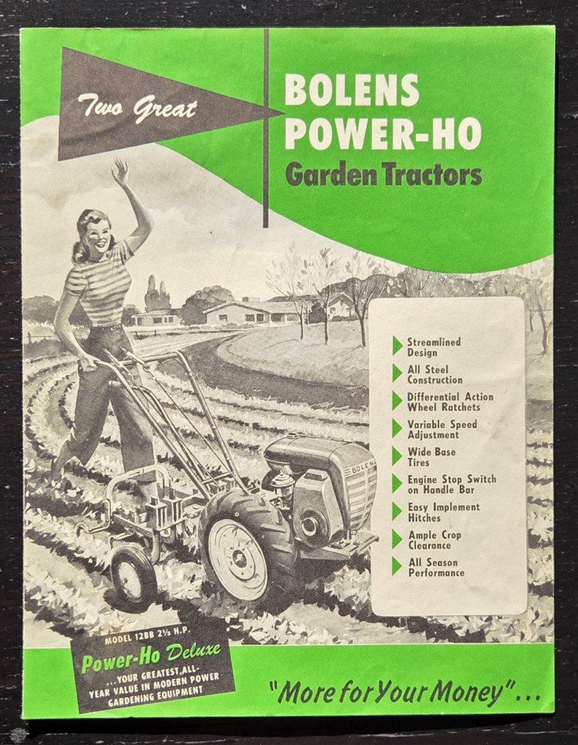 1955 BOLENS POWER-HO GARDEN TRACTOR SALES COLOR BROCHURE « MORE FOR YOUR MONEY »