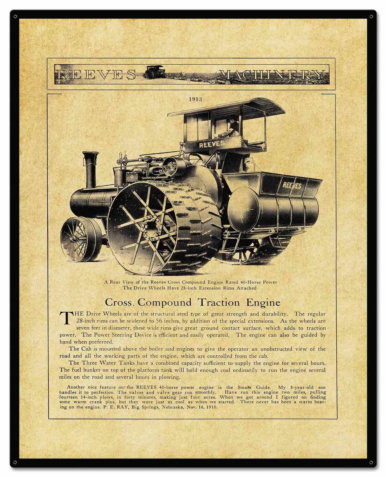 REEVES 1913 FARM TRACTION ENGINE 30&Prime; HEAVY DUTY USA MADE METAL ADVERTISING SIGN