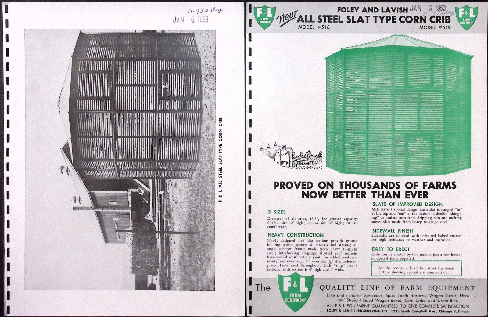 1953 Foley & Lavish All Steel Slat Type Corn Crib Model 519 Brochure Chicago IL