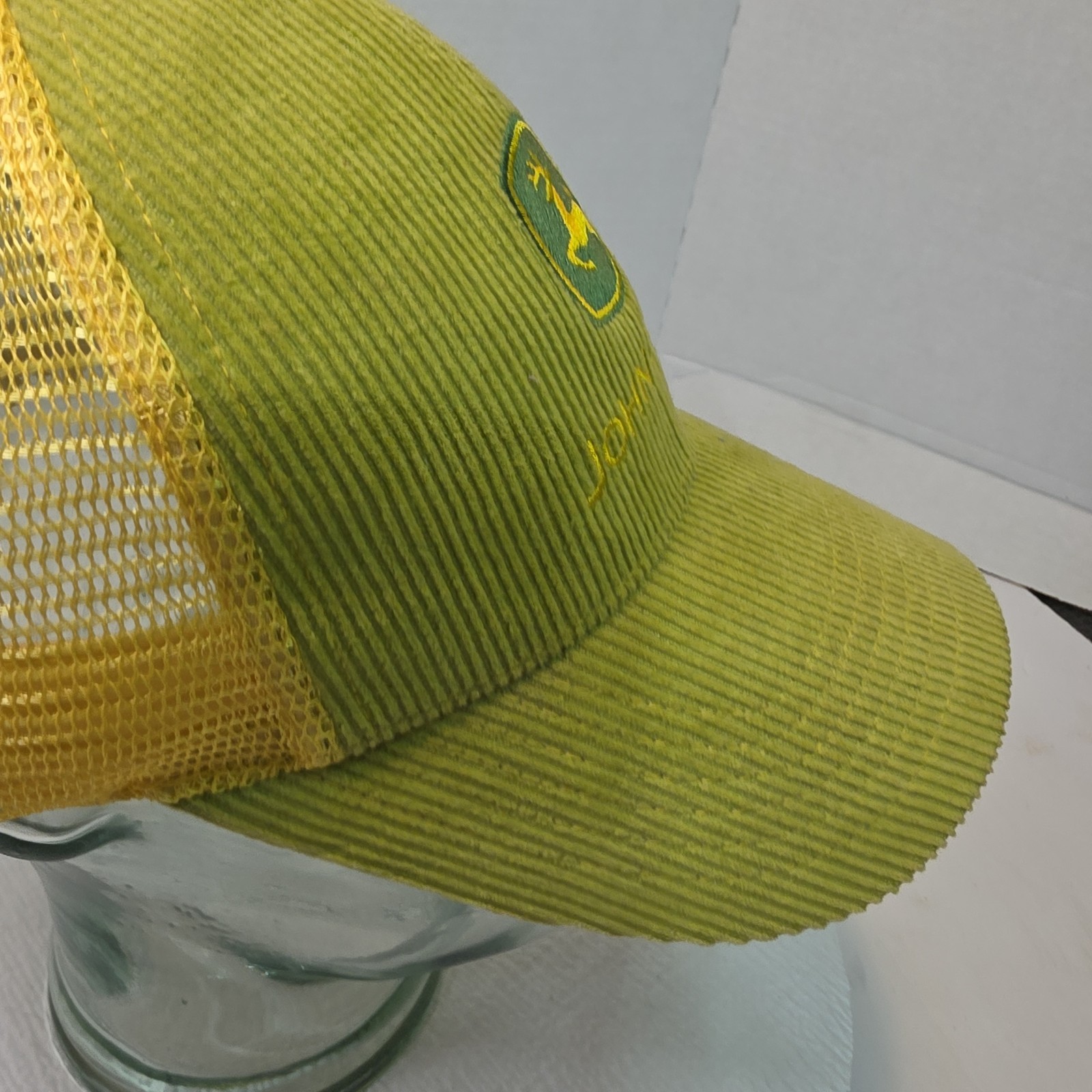 Green/yellow John Deere baseball cap hat knit front mesh back.. Corduroy Snapbac