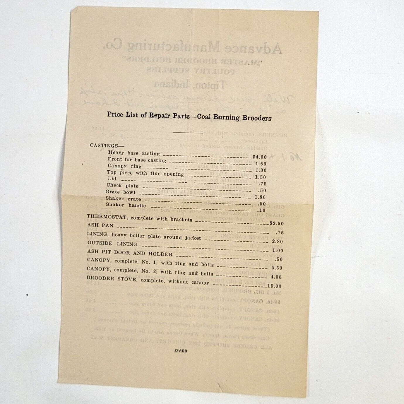c.1920 Advance Manufacturing Poultry Farm Brooder Stove Ad Flyers Tipton Indiana