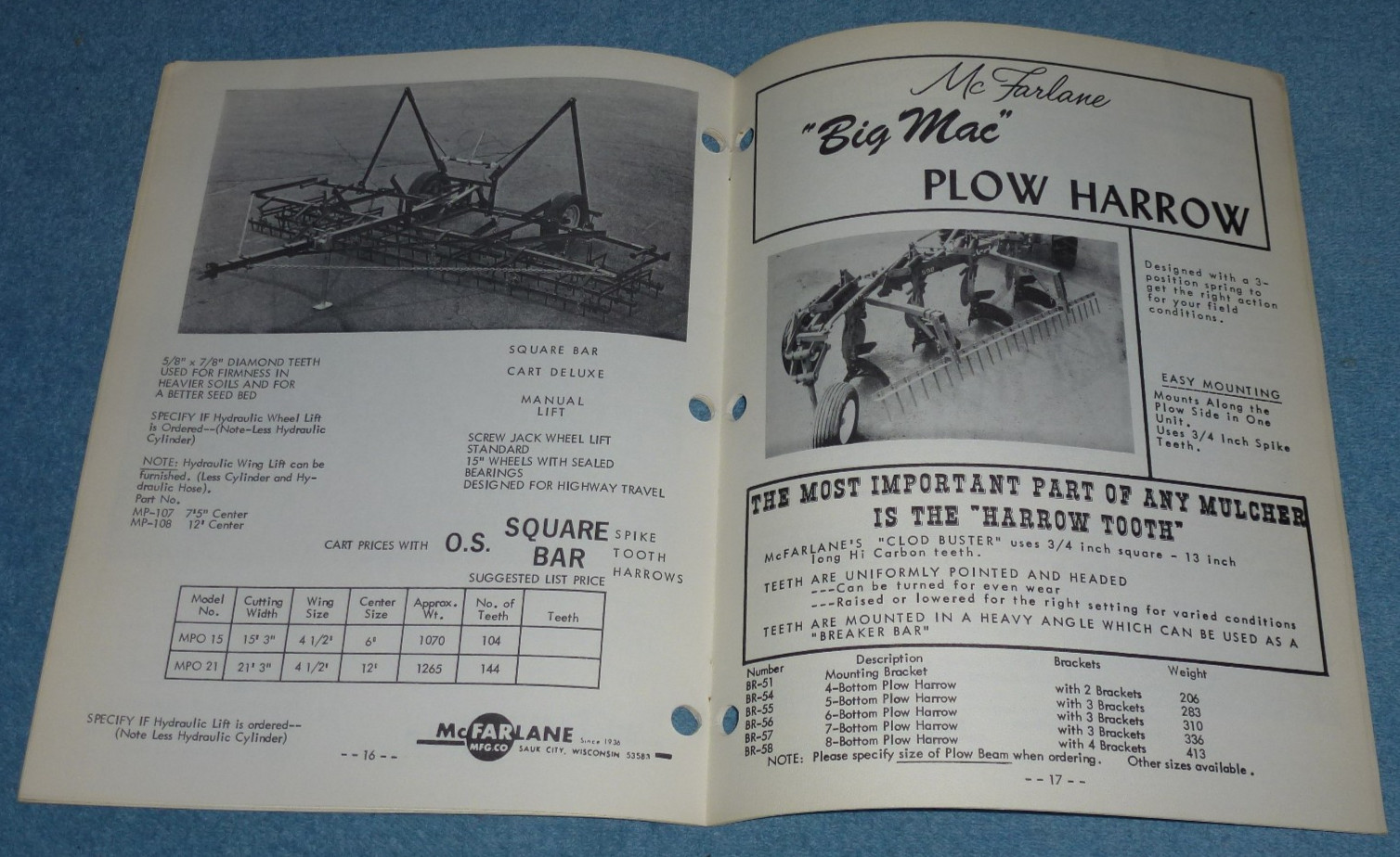 1982 McFarlane Mfg Co Sauk City WI Catalog Harrows Drawbars Transport Carts etc