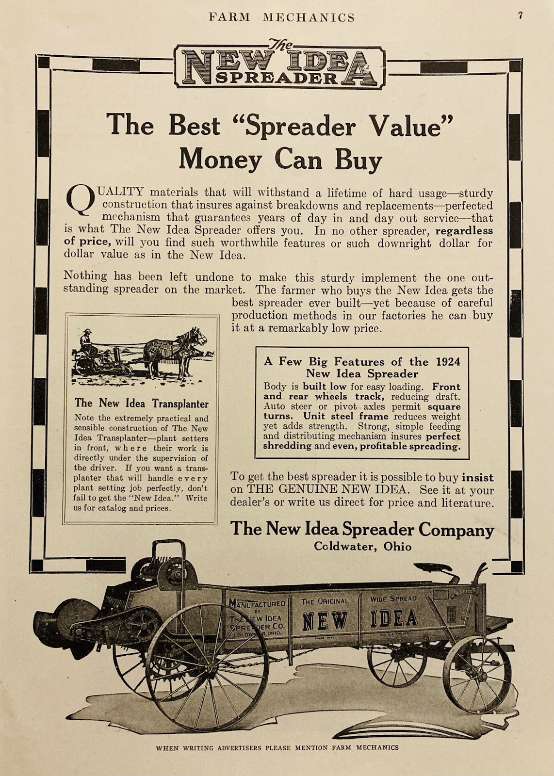 1924 AD.(XH82)~NEW IDEA SPREADER CO. COLDWATER, OHIO. NEW IDEA MANURE SPREADERS