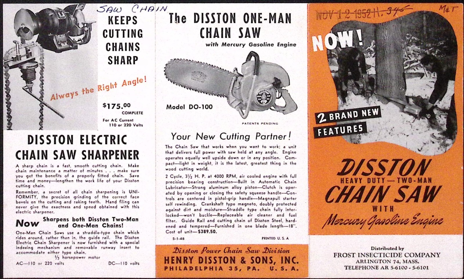 1952 Disston Heavy Duty Two Man Chain Saw Mercury Gasoline Engine Brochure