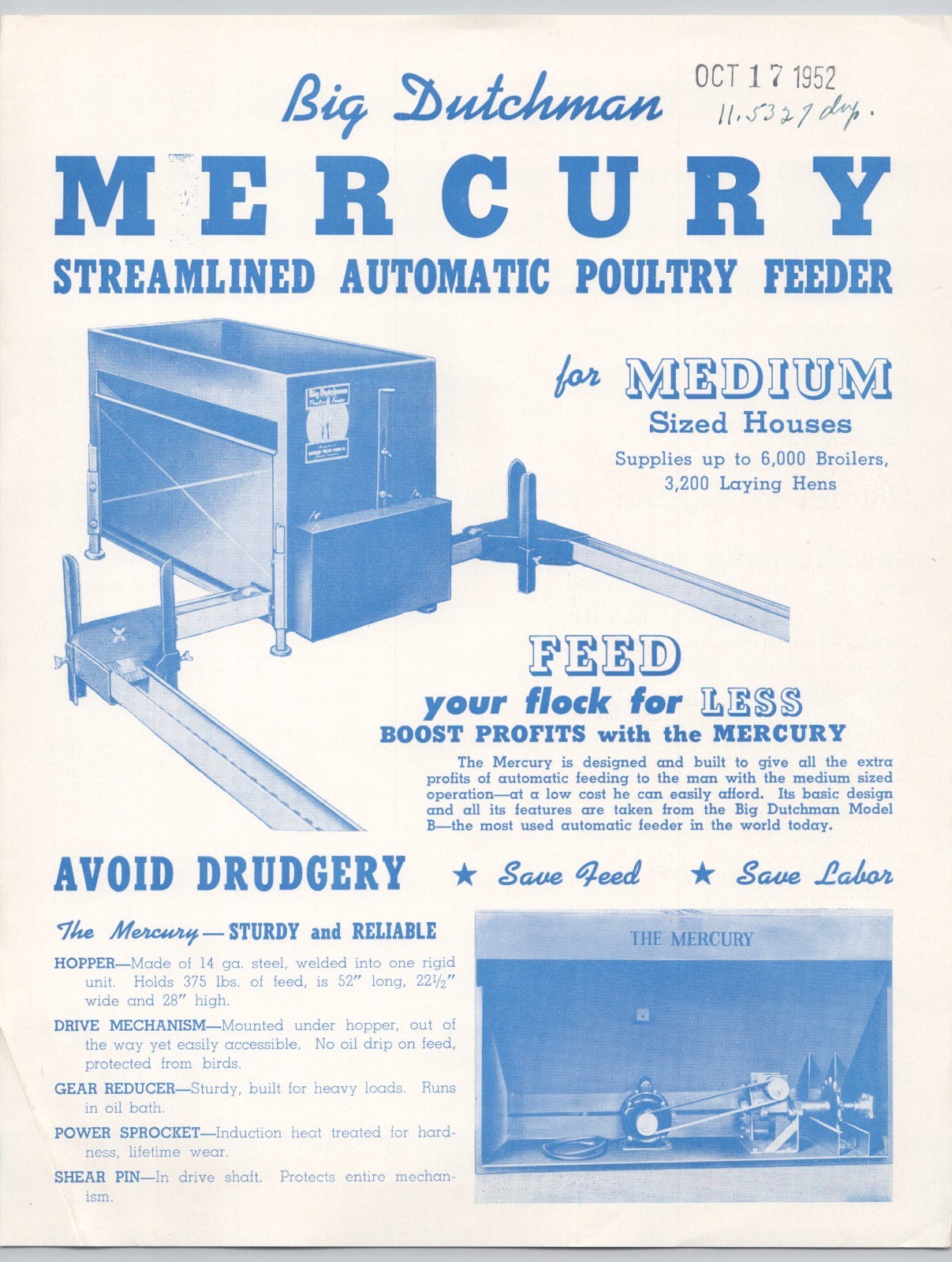 1952 Big Dutchman Mercury Streamlined Automatic Poultry Feeder Flyer