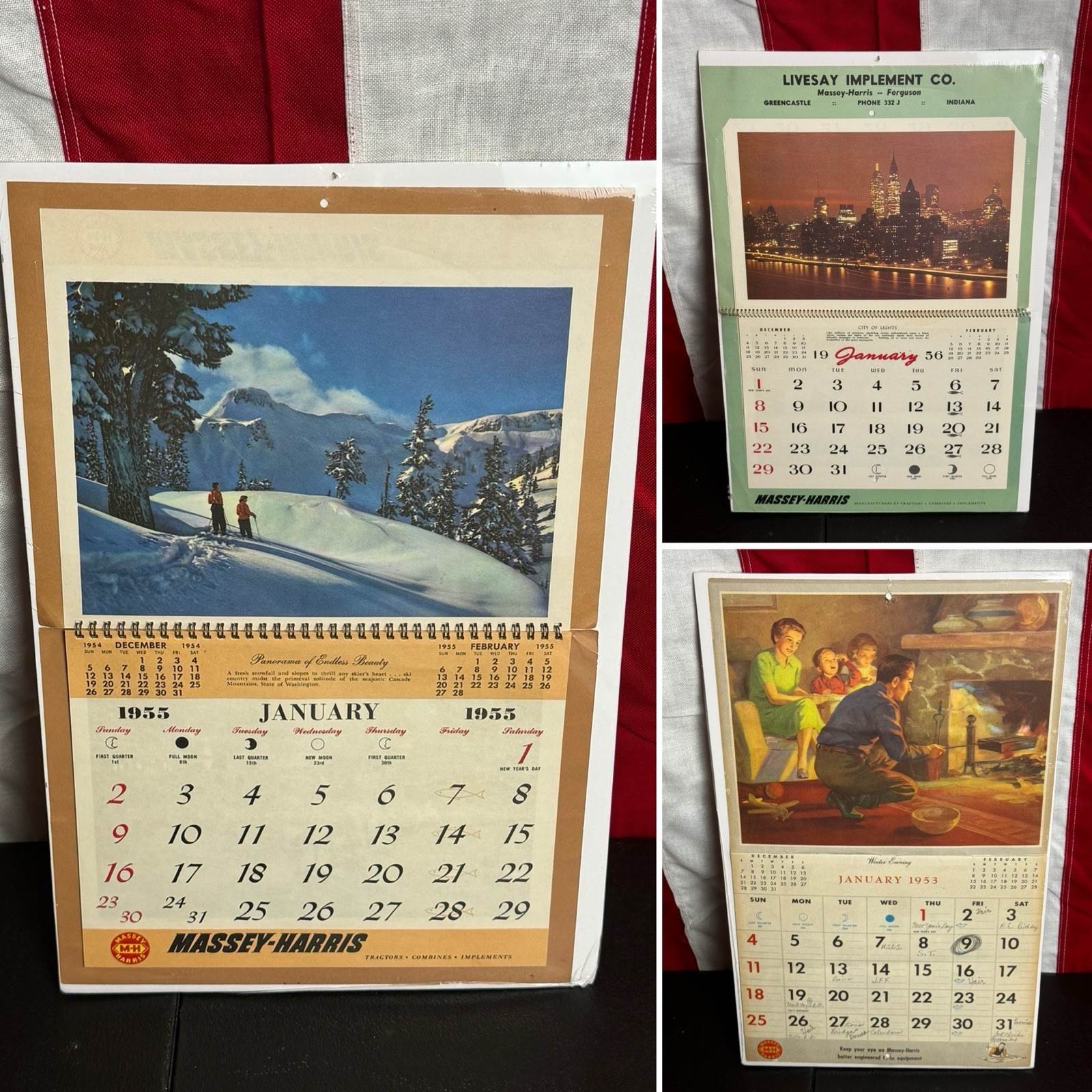 Vintage Lot Rare Massey Harris Vintage Farm Calendars- 1953 1955 1956- On Boards