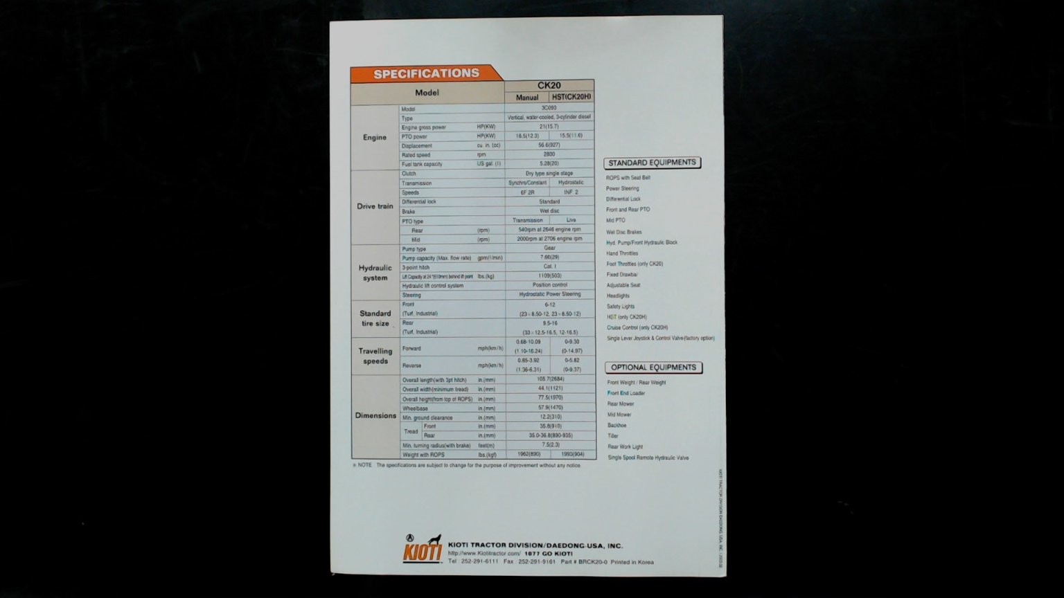 Kioti CK20 Compact Utility Tractor Brochure Vintage Agricultural 2002