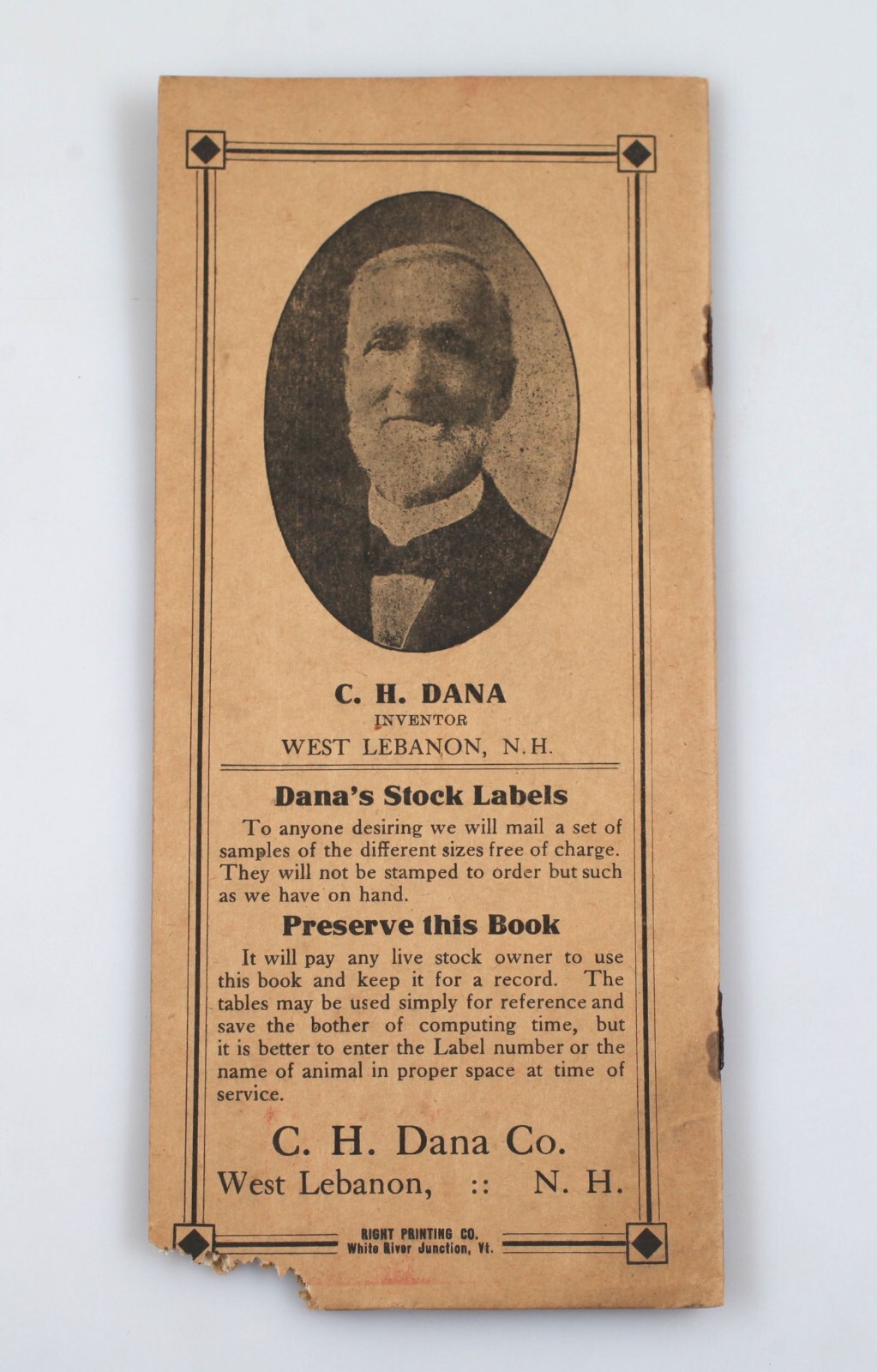 Vintage C.H. Dana Breeders Memorandum Catalog Stock Supplies Cattle Tags c. 1900