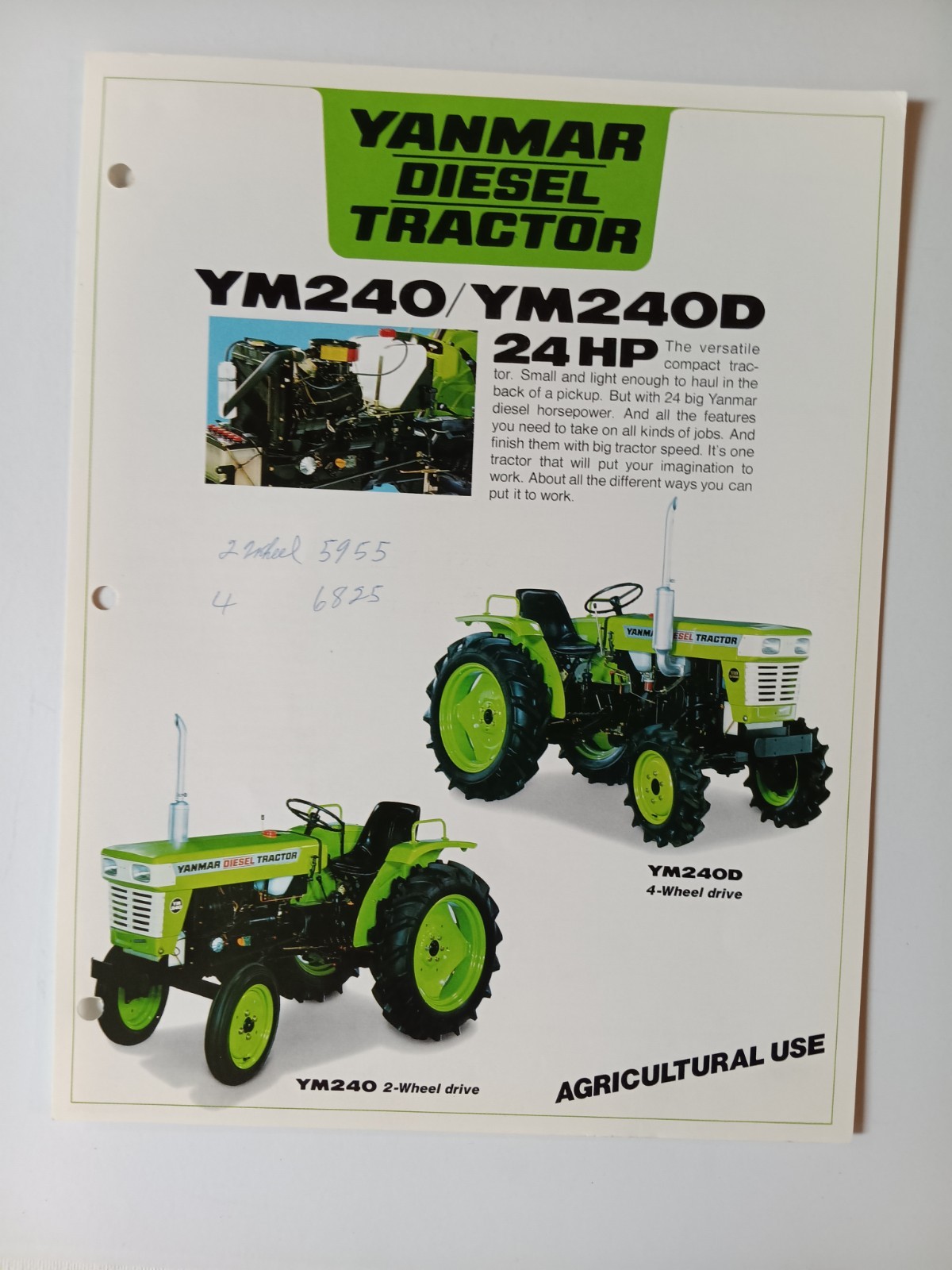 Yanmar YM240, YM 240D Diesel Tractor Spec Sales Sheet Flyer Farm Equipment Agri