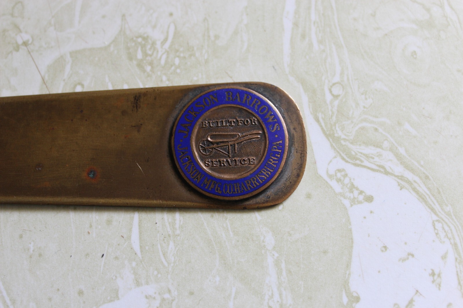 BRONZE LETTER OPENER FROM JACKSON BARROWS (WHEEL BARROWS) HARRISBURG, PA.
