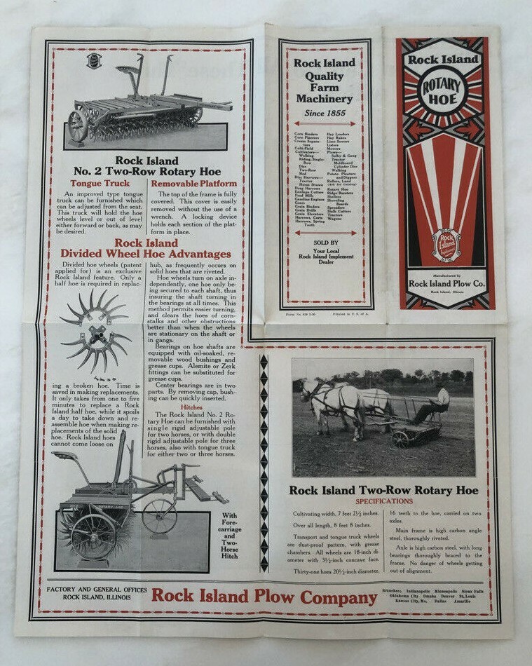 1930 ROCK ISLAND PLOWS Rotary Hoe FARM ADVERTISING Antique Brochure Poster