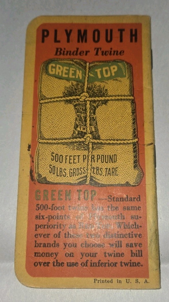 Plymouth Binder Twine Advertising Pocket Calender Notebook Possibly 1937 / 1938